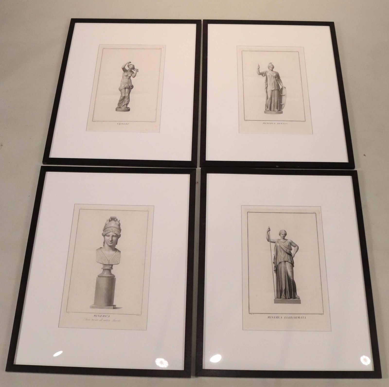 Four Neoclassical Engravings, Classical Figures: Italian, 19th/20th C. depicting "Venere", "Minera", "Minerva Armata" and "Minerva Egidarmata", marked in lower margin "A Pozzi Dis" and "D. Marchetti Inc." Sight size: 20"h x 13"w Overall: 33-1/2"h x