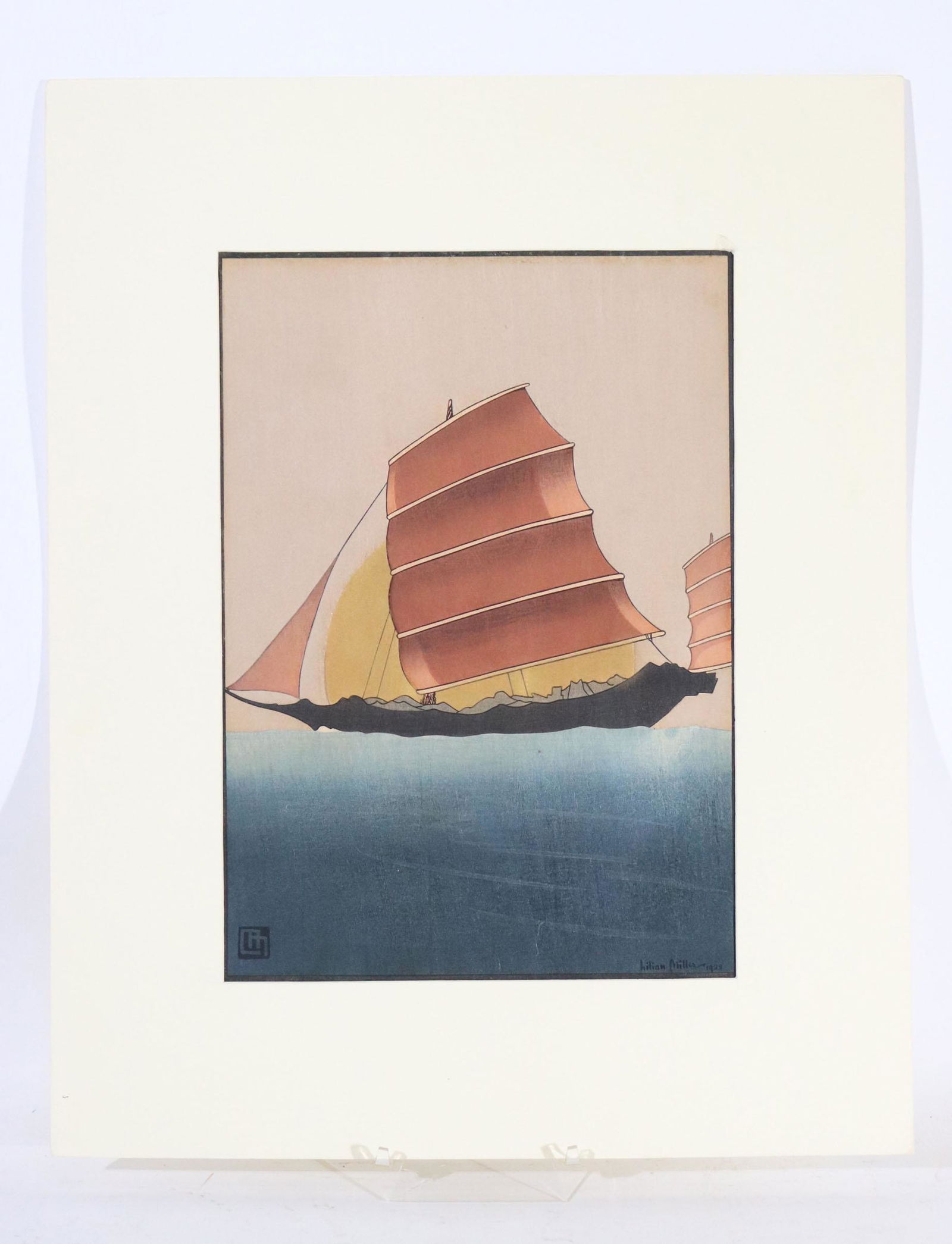 Japanese Woodblock Print, Lilian Miller, Junk: 1928. 13.5"h x 9.5"w and overall 20"h x 16"w