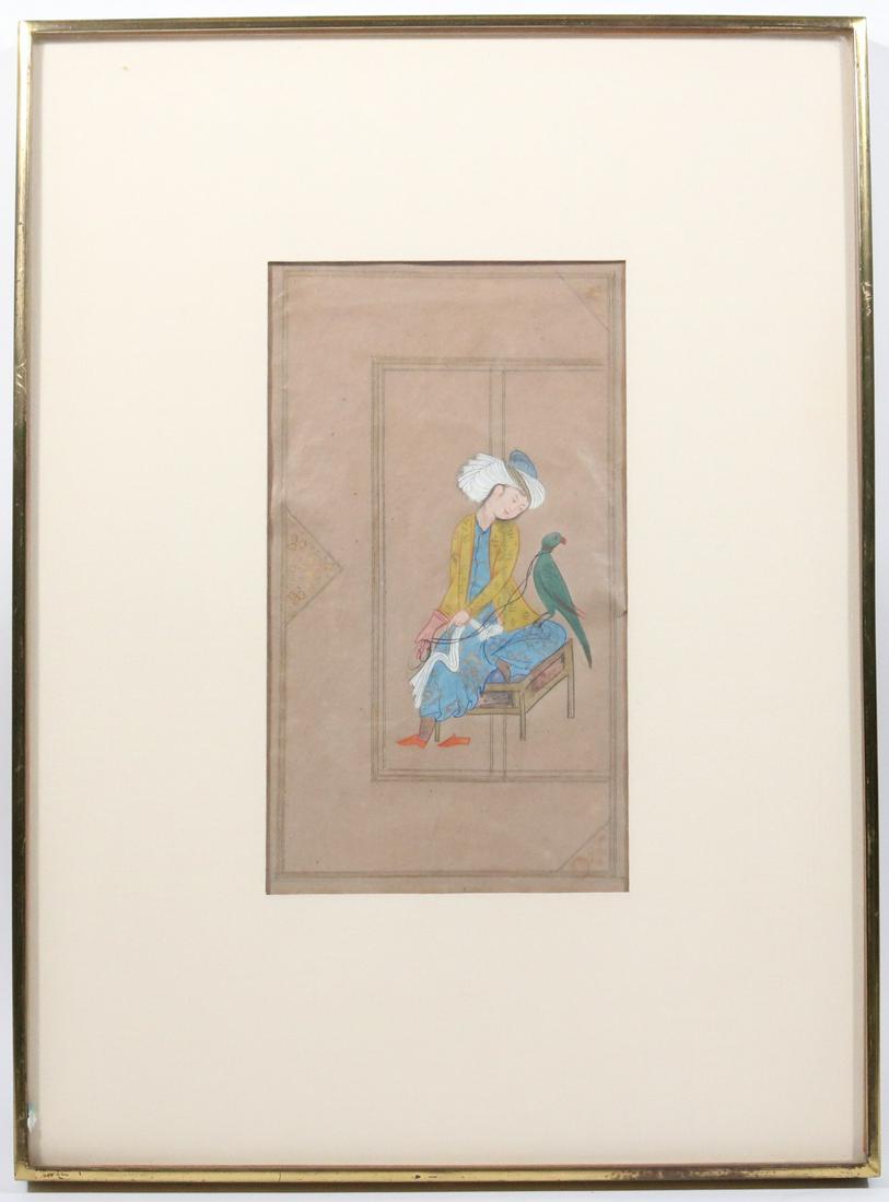Indian Gouache and Watercolor Miniature Painting: Seated figure within an interior with tame bird on leash, within a plain background. Sight size: 8-1/4"h x 4-3/4"w Provenance: Doris Weiner Gallery, New York, NY