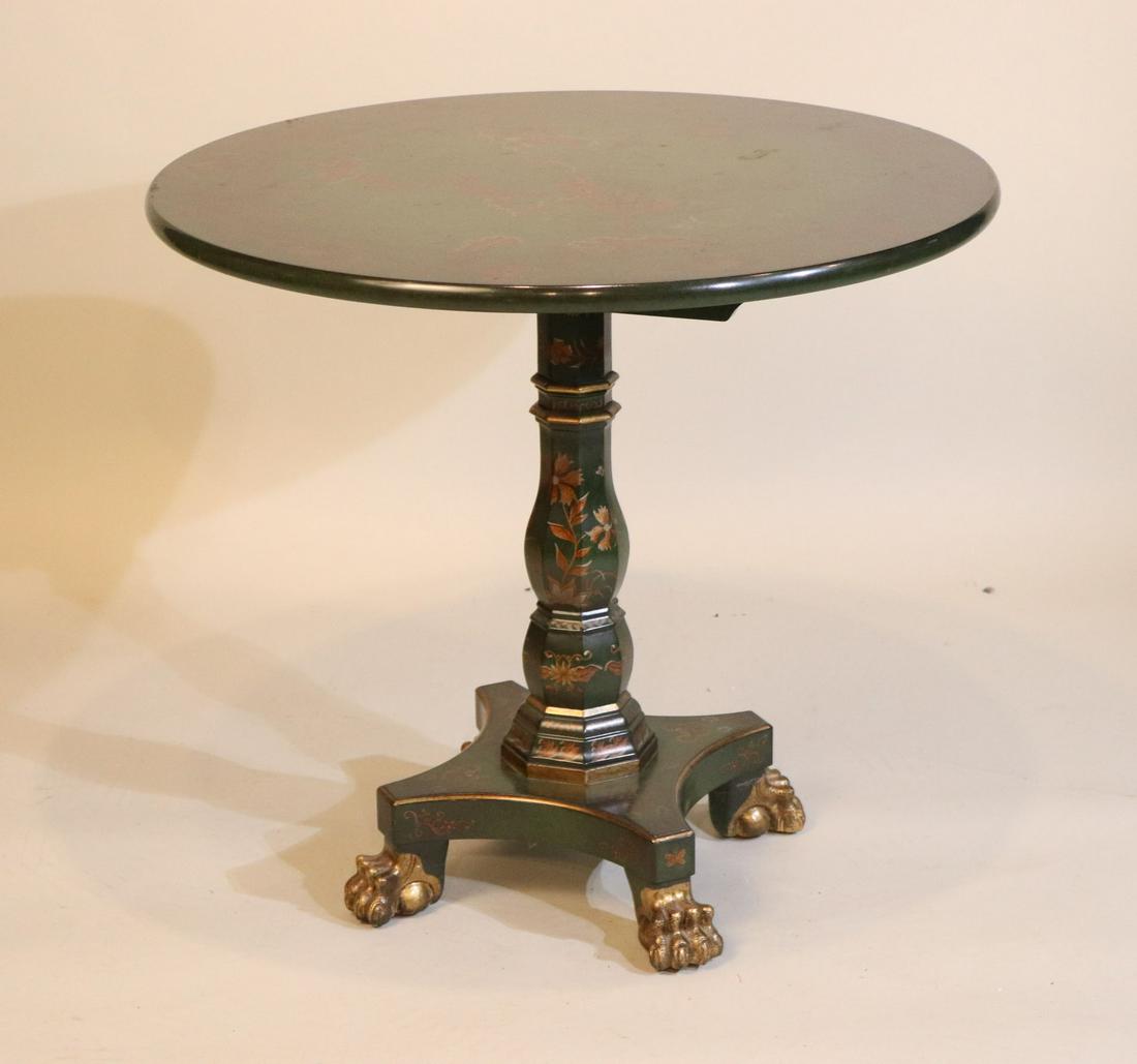 Chinoiserie Decorated Pedestal Center Table: Chips and wear to paint. 28"h x 31"dia.
