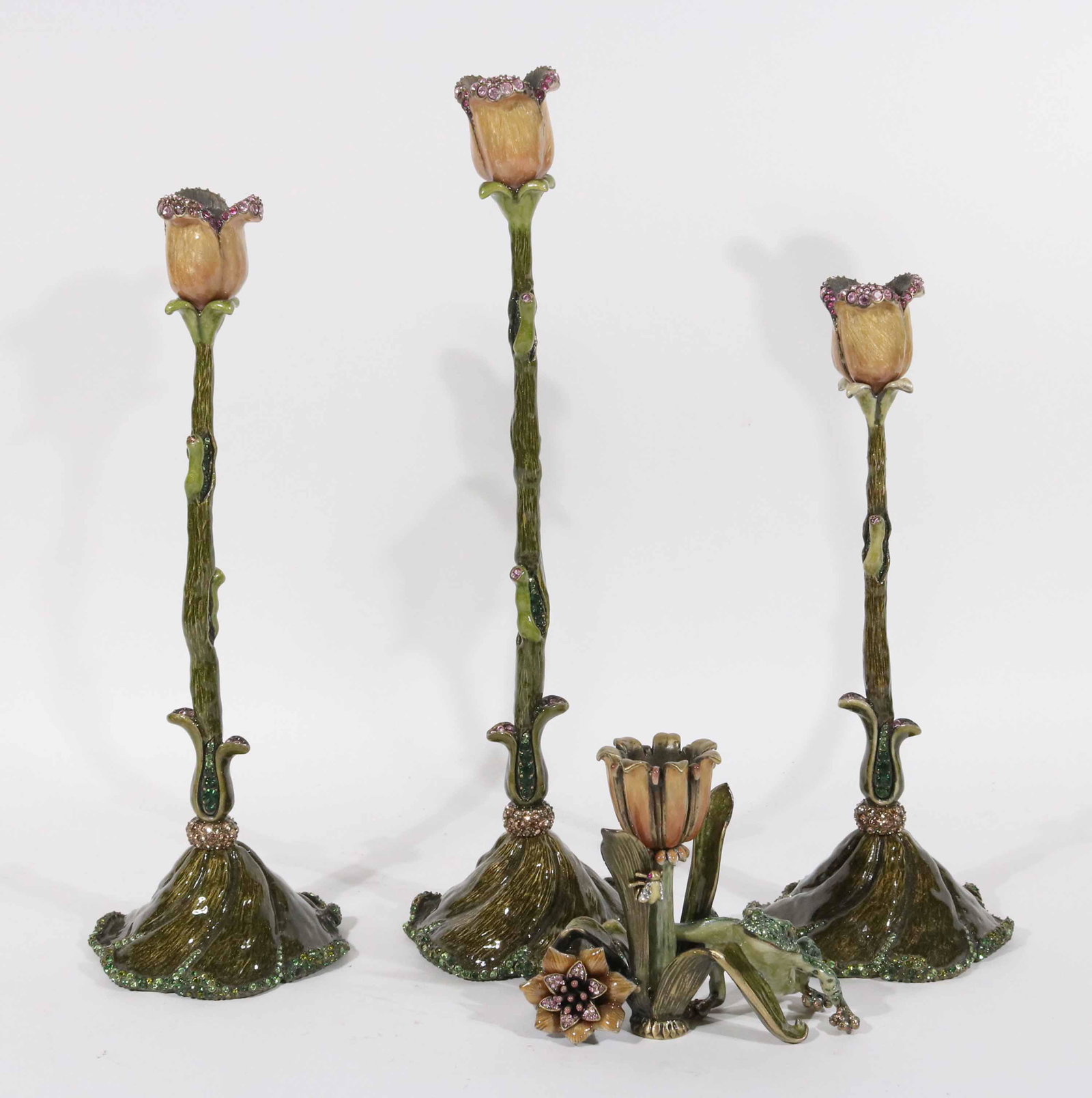 Four Jay Strongwater Tulip-Form Candlesticks: Three similar graduated and one with frog. 9-1/2"h, 11"h, and 12-1/4"h, 3-3/4"h x 4-1/2"w Property from a Short Hills, NJ and San Francisco, CA Private Collection