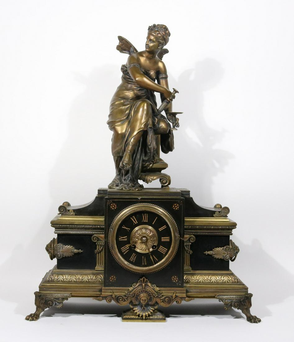 French Bronze Mantle Clock, E. H. Daumaige: 19th C. Etienne Henri Dumaige, French (1830-1888). Losses to the marble and glass. 22.5"h x 16"w x 8"d