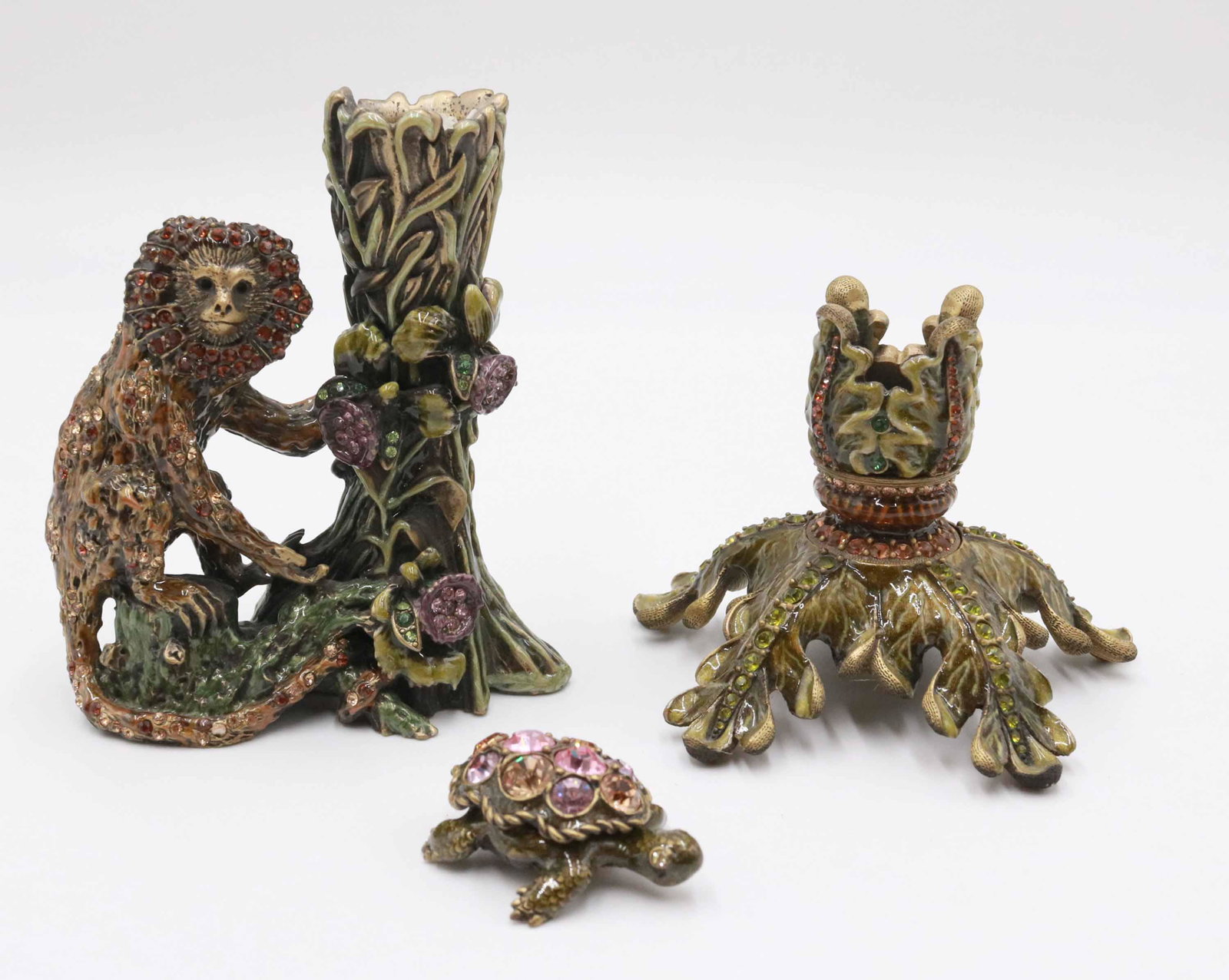 Jay Strongwater Monkey Candlestick: Together with a Jay Strongwater foliate candlestick and a wee turtle form pill box. Property from a Short Hills, NJ and San Francisco, CA Private Collection