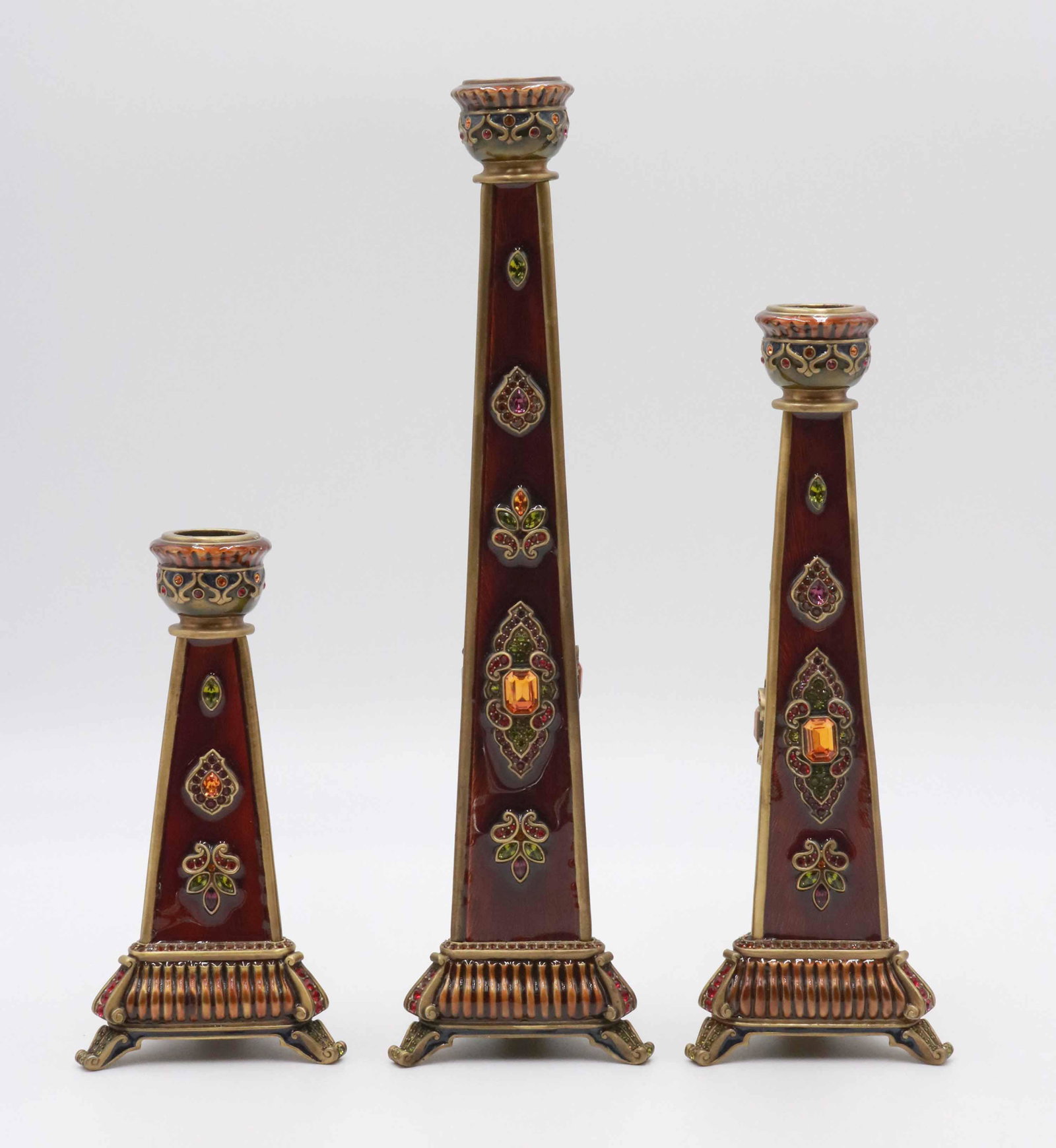 Three Ruby Jay Strongwater Candlesticks: 12"h, 10"h and 7"h Property from a Short Hills, NJ and San Francisco, CA Private Collection