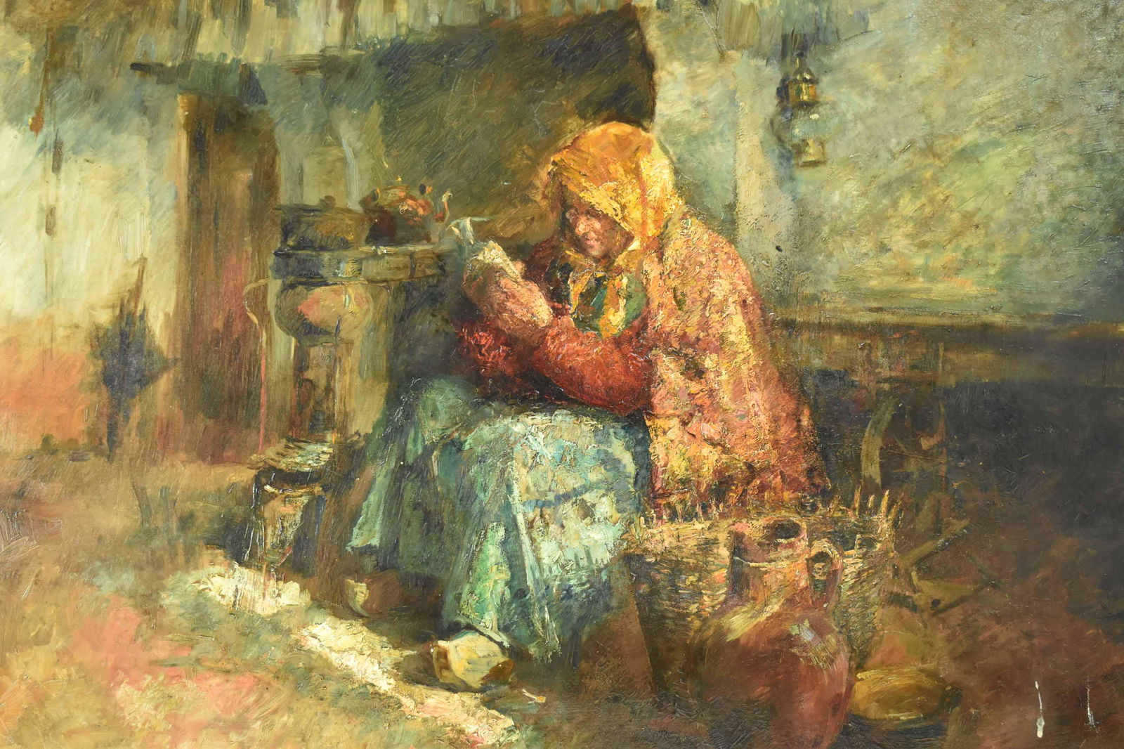 Antique Dutch School Oil on Canvas: Antique Dutch School Oil on Canvas depicting Woman Reading kitchen side, signed illegibly lower right, attributed to the Laren School/Hague School; used condition, wear/worn, canvas has been relined,