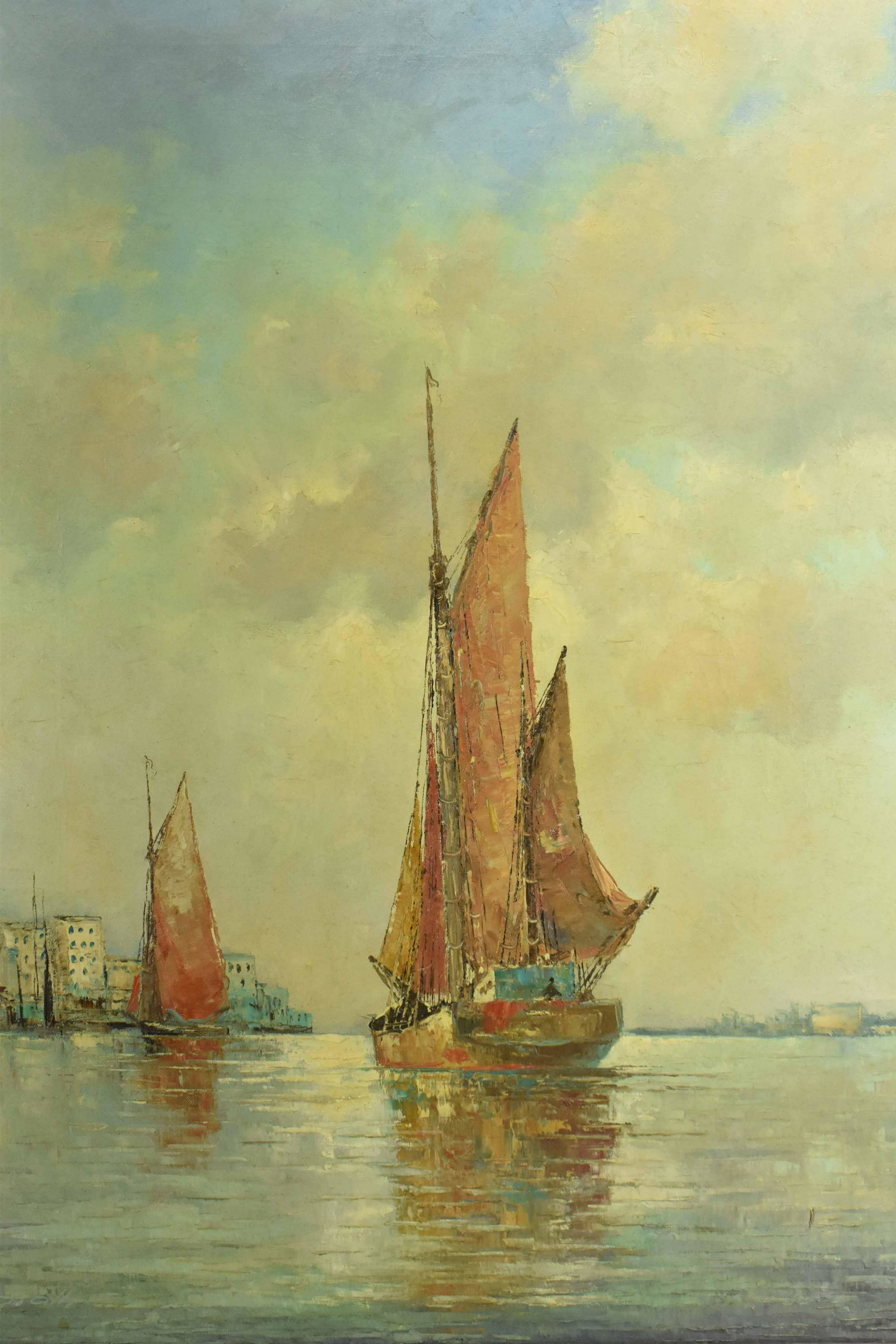 Franz Ambrasath Oil on Canvas of Ships Near Port: Franz Ambrasath Oil on Canvas of Ships Near Port signed lower left. Used condition, wear, worn, losses, cracks, puncture, chips to frame. Frame size 36 1/4" x 40 1/2"