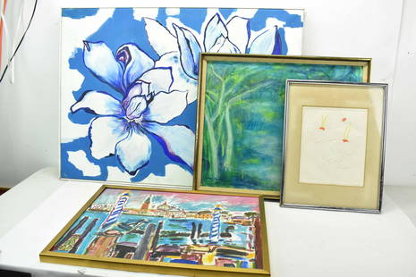 Oil on Canvas of Contemporary Still Life: Oil on Canvas of Contemporary Still Life of blue and white Lilly's. Together with oil on canvas of Italian water scene, modern Elsie Hacker forest scene and a embossed flower by Carlos Davila. Used co