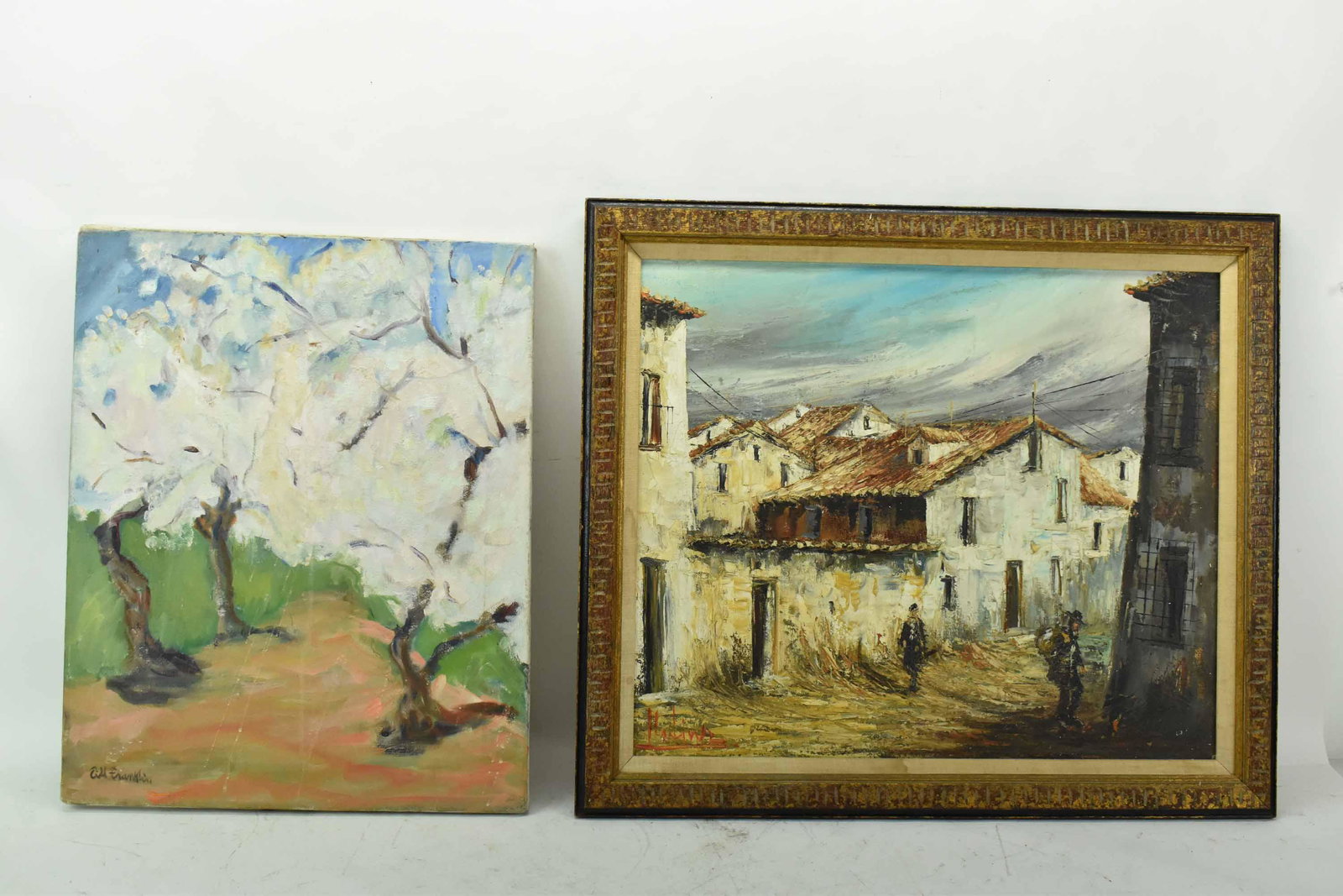 Oil on Board of Village Scene: Oil on Board Village Scene, signed lower left illegibly, together with oil on canvas 'Spring in Park' 2001, signed lower left Till Franklin; used condition, wear/worn, Spring in Park has waves to canv