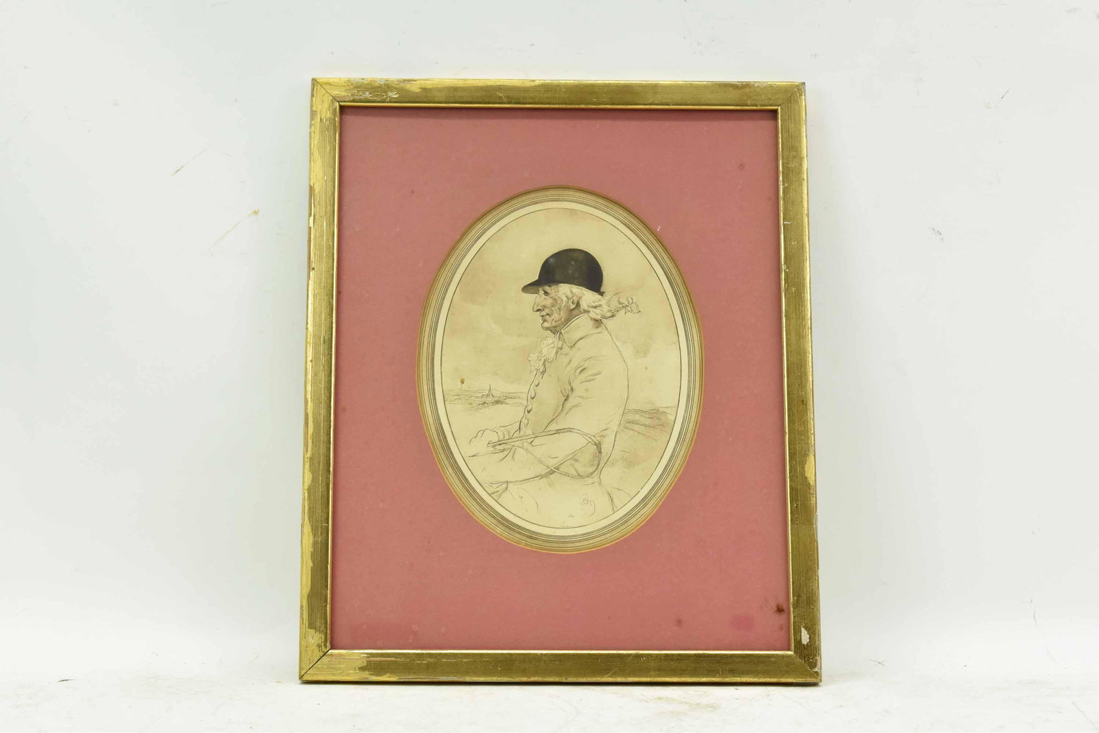 Mixed Media on Paper of Portrait: Mixed media on Paper of Portrait depicting equestrian riding gentleman signed Ron at bottom. Used condition, wear, worn, mat burn. Sight size oval shape 7 1/2" x 9 3/4", frame size 13 1/4" x 16"
