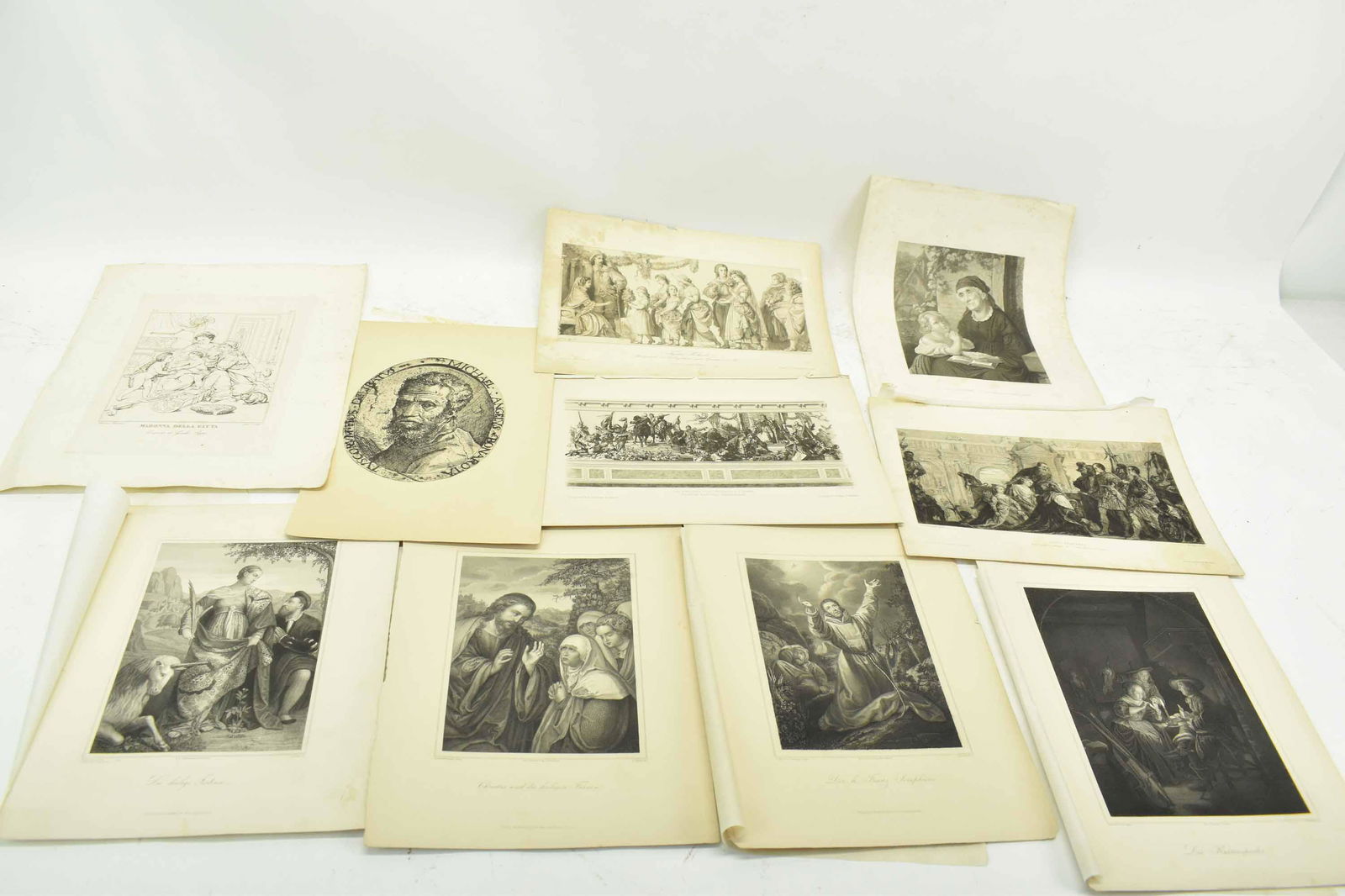 Group of Antique Prints and Etchings: Group of Antique Prints and Etchings including Die heilige Justina by Leybold, Christus und die hieligen Frauene by J Hahn, Der h Franz Seraphicus by A Rordorf, Die Kartenspieler by F Schmidt, SCIPIO