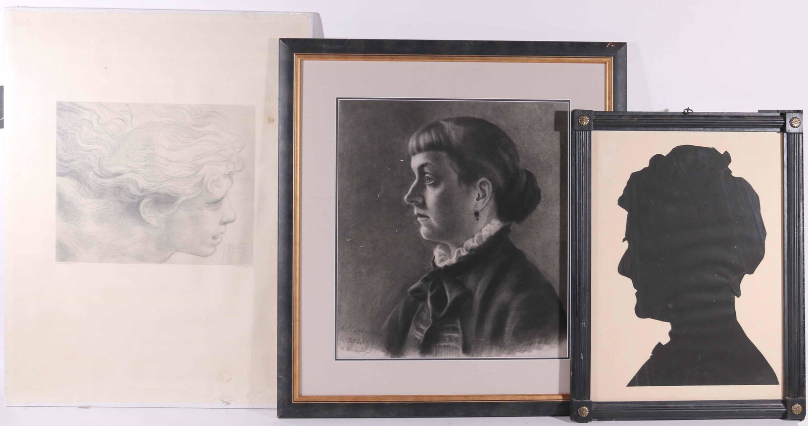 Chalk on Paper, Profile of a Victorian Woman: Signed illegibly l.l. Together with an engraving of a classical profile, by Raphael Sanzio, and a silhouette print of a man, possibly Lincoln. Drawing: 17-1/4"h x 15-1/4"w sight size