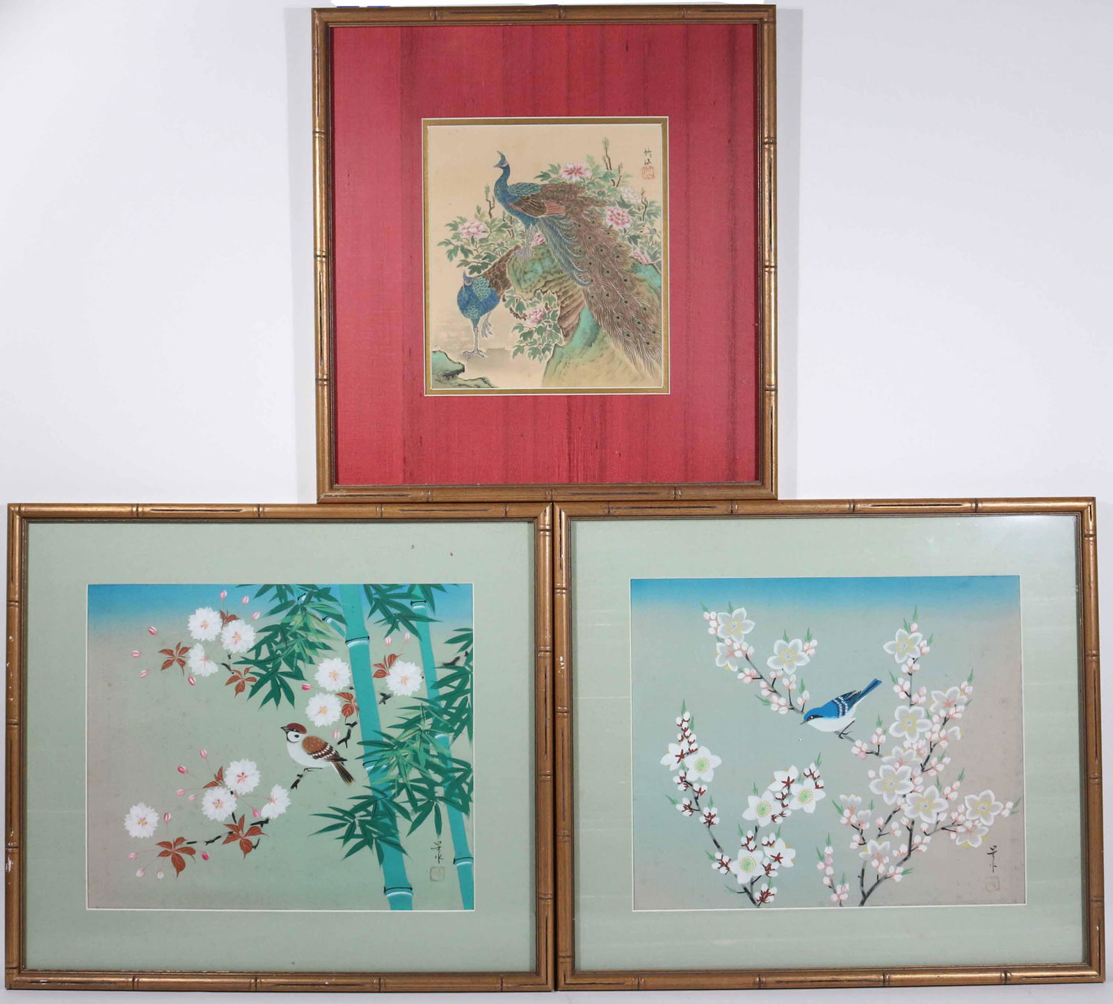 Two Japanese Paintings on Fabric, Birds & Flowers (1 of 6)
