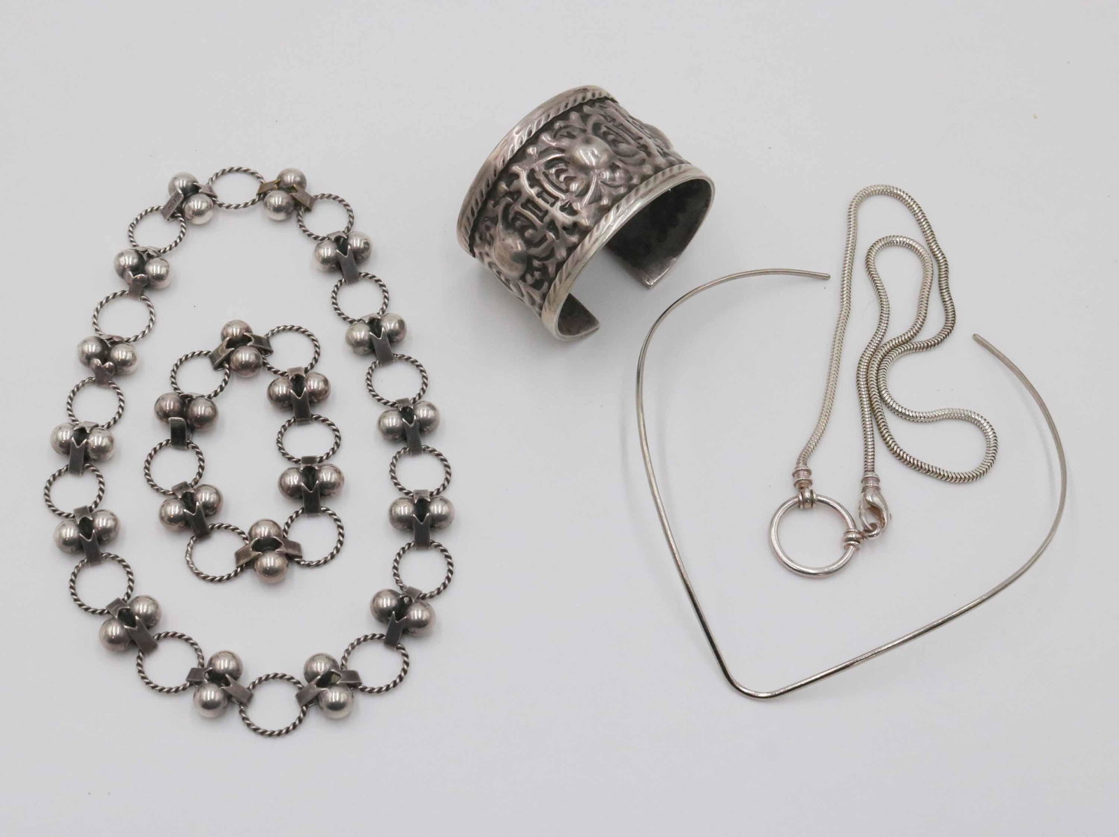 Holston Sterling Ball &Link Necklace and Bracelet: Apx. 2 t.o., 16"l Together with a silver metal choker, a silver metal chain with lobster clasp and a silver metal cuff.