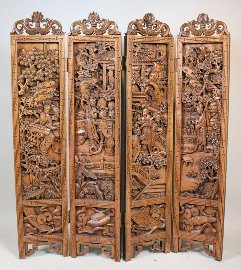 Chinese Carved Hardwood Four-Panel Screen: 20th C. Each panel: 4'11"h x 12"w