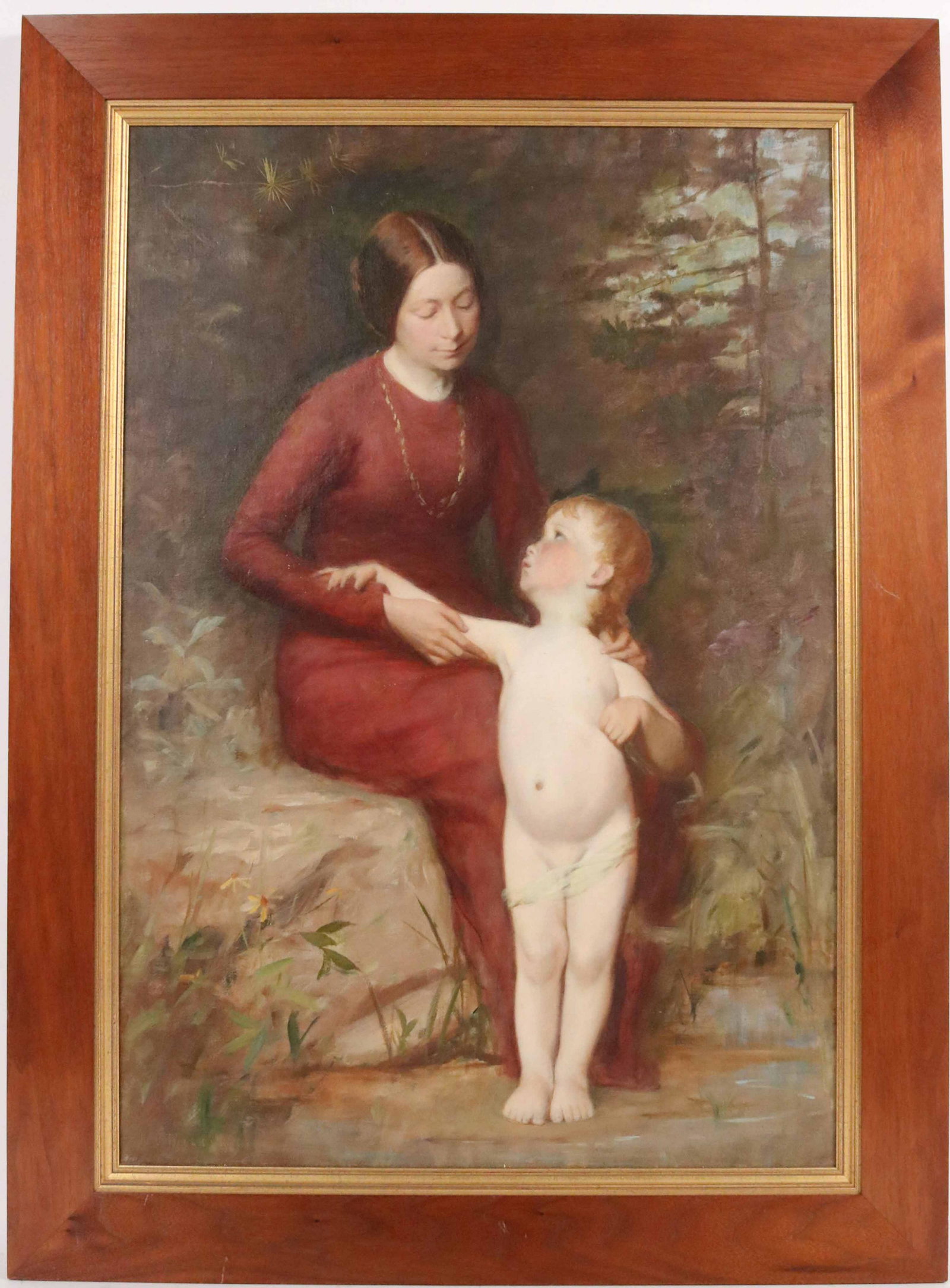 Oil on Canvas, Woman and Child, Henry O. Walker: (American, 1843-1929) signed l.l. "H.O. Walker" Woman seating in landscape wearing a red dress. Relined. Sight size: 31-1/2"h x 21-1/2"w Overall: 38"h x 28"w