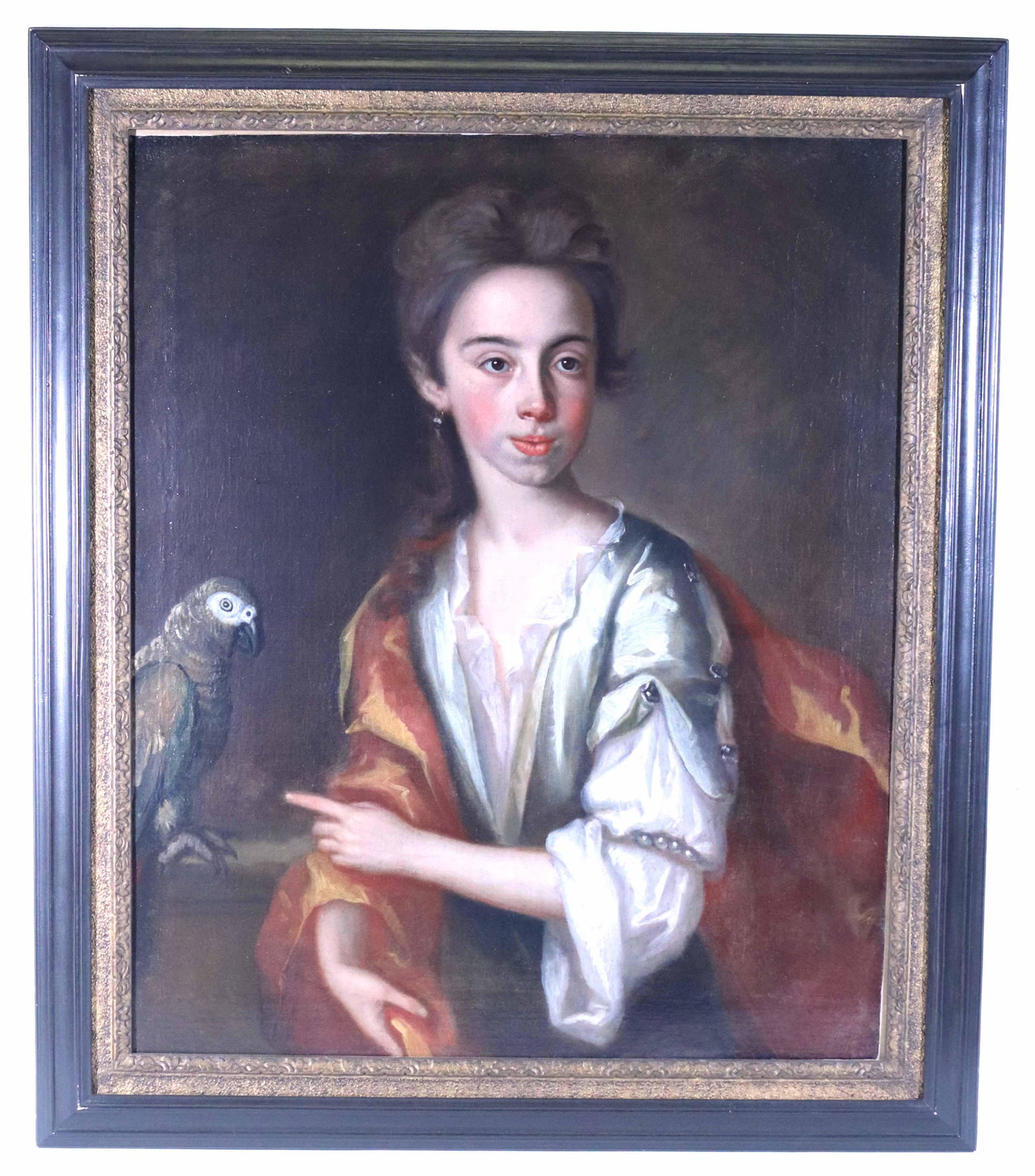 18th Century, Portrait, Possibly Southern: Young woman and parrot, Possibly Robert Dowsing (Virginia, 1701-1730) or English School. Oil on Canvas. Sight size: 20"h x 24-7/8"w Overall: 36"h x 30-3/4"w Provenance. Property from a Private East Co