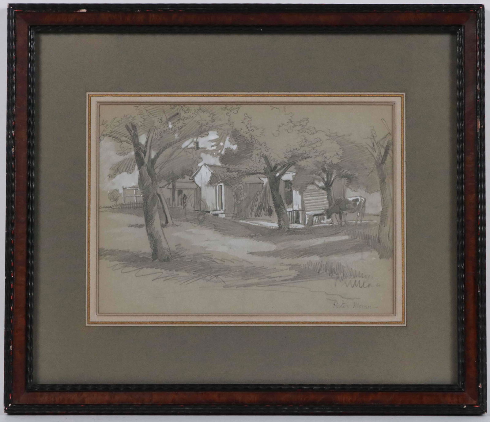 Peter Moran, Graphite & Gouache, East End, LI: (1841-1914) Cow grazing by the barn, East End, Long Island, c. 1886, signed l.r. Sight size: 8-1/2"h x 11-3/4"w Overall: 16-1/2"h x 19-1/4"w