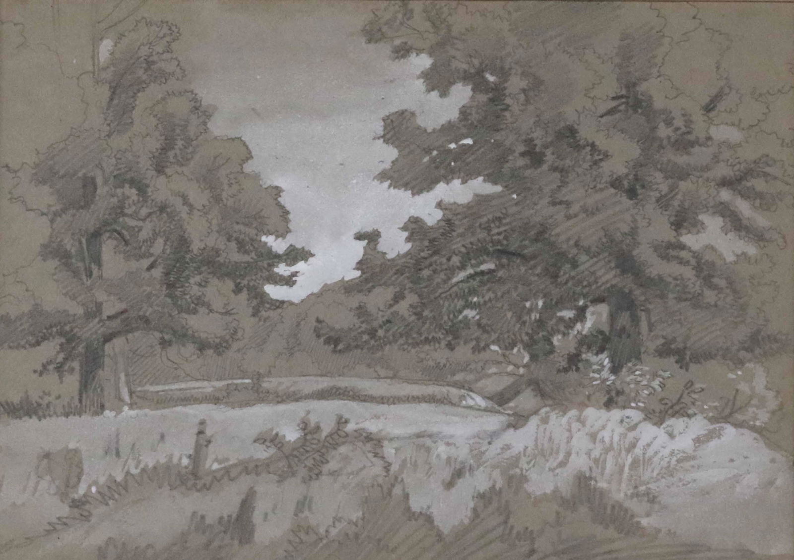Peter Moran, Graphite & Gouache, East Hampton: (1841-1914) Trees in Georgica, East Hampton, New York. Sight size: 9"h x 12"w Overall: 16-3/4"h x 20-1/4"w Provenance: Spanierman Gallery, LLC, New York