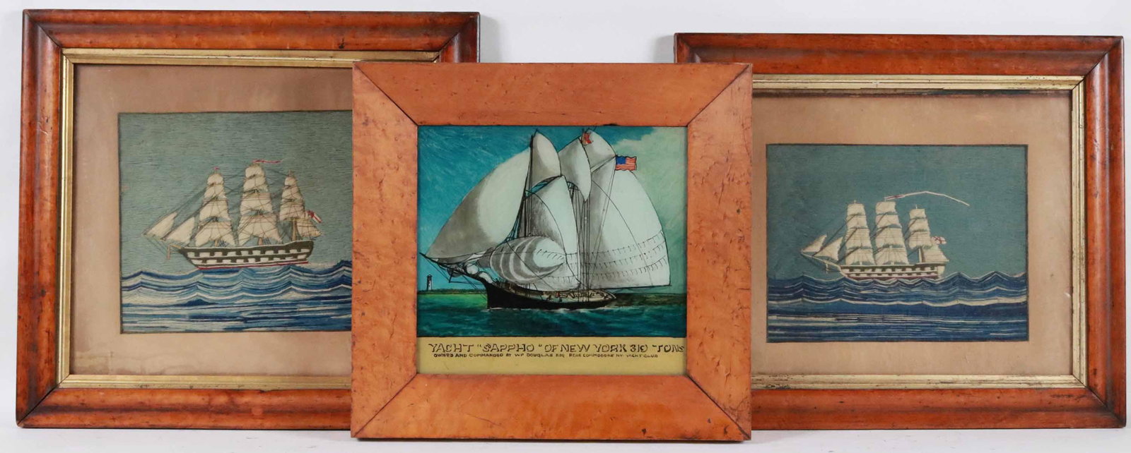 Two "Wooley" Ship Pictures: English, 19th C. Together with an eglomise ship painting, American, 19th C. Wooleys: Sight size, 9"h x 12"w, Overall, 18"h x 21"w Eglomise: Sight size, 11"h x 12"w, overall, 16-1/2"h x 17-1/2"w