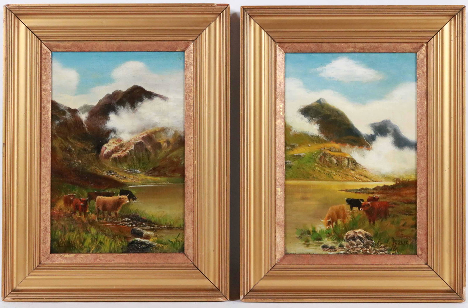 Pair of Oils on Canvas, Scottish Highland Cattle: In the manner of Charles Edward John Leslie, each signed Leslie, 19th/20th C. depicting Scottish Highland Cattle in a mountainous landscape. Sight size: 12"h x 8"w Overall: 16-1/2"h x 12-1/2"w