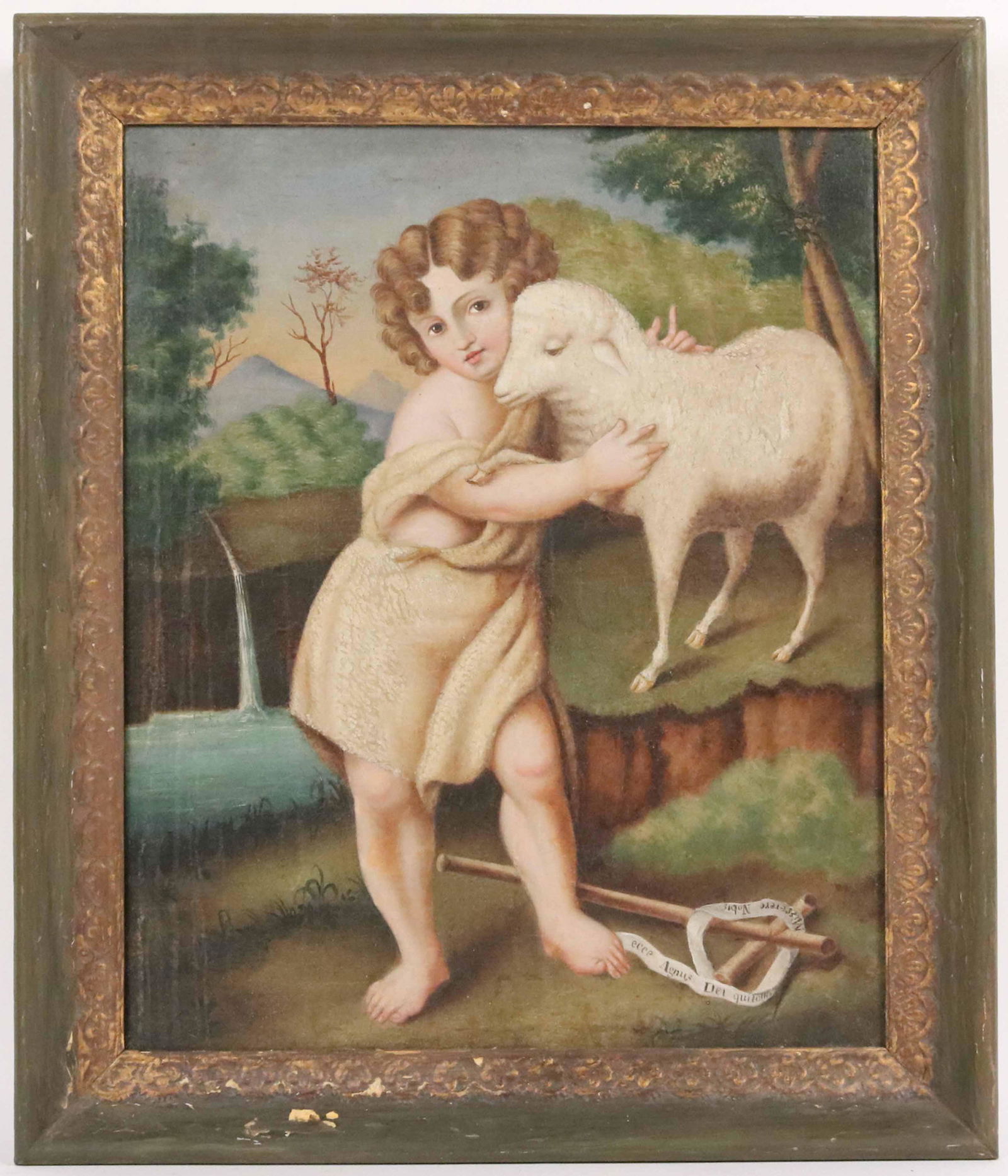 Oil on Canvas, The Infant Saint John the Baptist: After Bartolome Esteban Murillo. 19th C. appears to be unsigned, with Latin inscription on ribbon around cloth. Relined and restored. Sight size: 20-1/2"h x 16-3/4"w