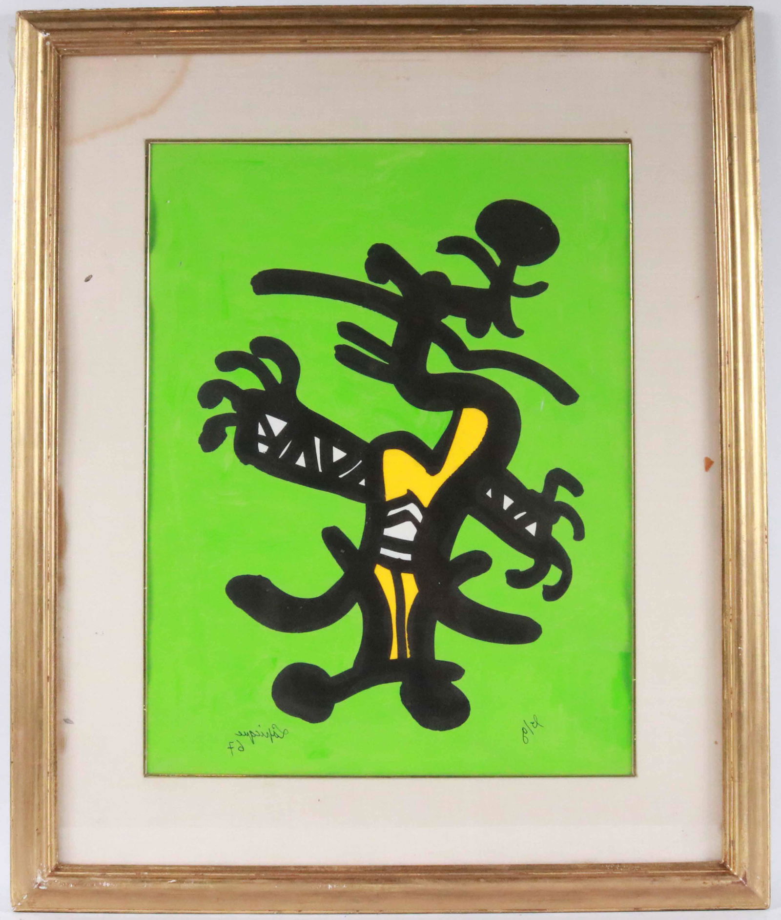 Charles Lapicque, Reverse Painted Gouache: (French, 1898-1988) depicting an abstract figure on neon green background, signed l.l. and dated 67, numbered l.r. Sight size: 23"h x 18"w Overall: 33-1/2"h x 27-1/2"w Provenance. Property from a Priv