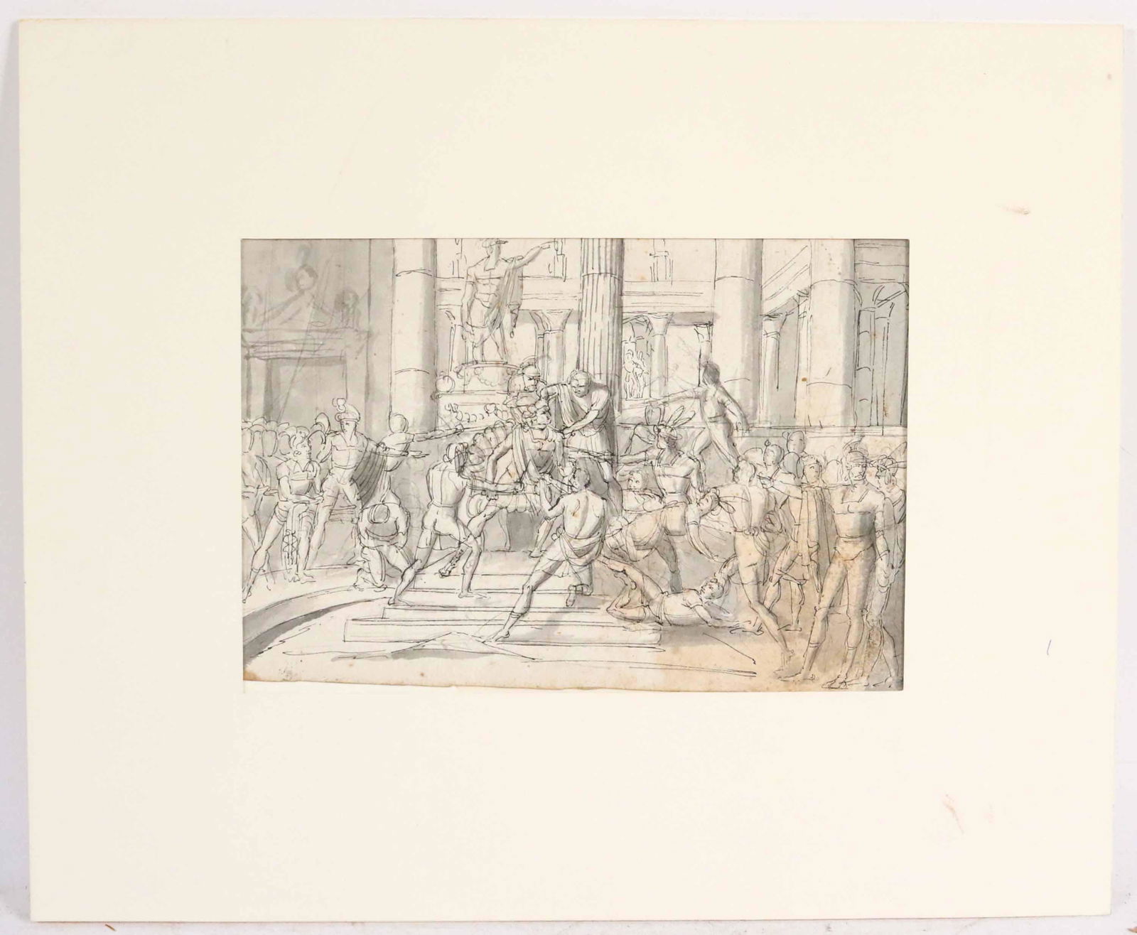 Old Master Pen, Ink, & Wash, Death of Alexander: Attributed to Jacques-Louis David (French, 1748-1825) or one of his contemporaries. Some foxing, discoloration, unframed. Work: 5-7/8"h x 8-7/8"w Mat: 11-1/2"h x 14"w Provenance. Property from a Priva