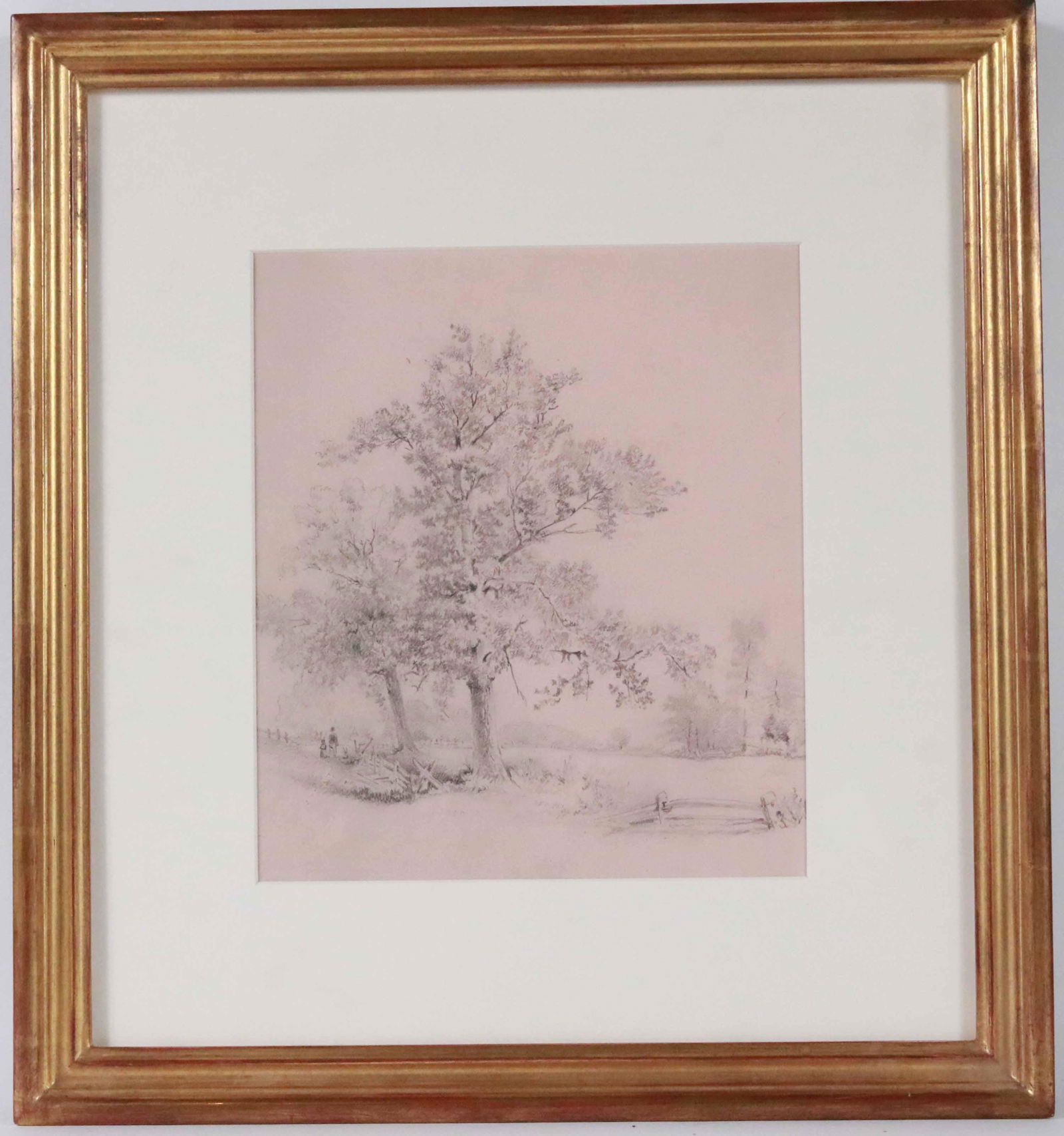 Pencil on Paper, Rural Landscape with Figures: Attributed to John William Hill (1812-1879) Sight size: 9-5/8"h x 8-3/8"w Overall: 16-3/4"h x 15-1/2"w Provenance: Adelson Galleries, New York