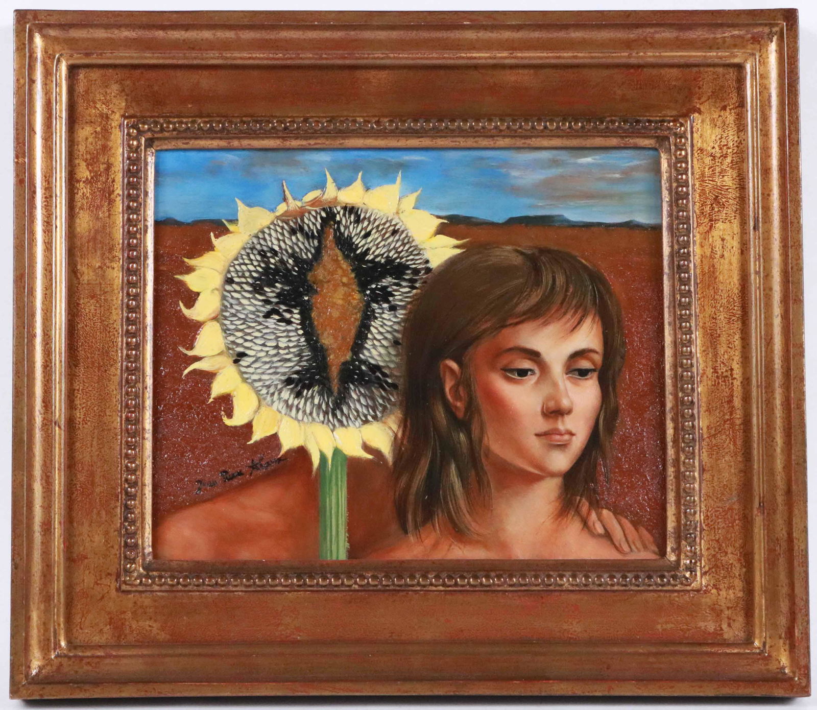 Jean Pierre Alaux, Oil on Masonite, Girl & Flower: (French, b. 1925) Signed l.l. depicting a girl with a man covered by a sunflower. Sight size: 8-1/4"h x 10-1/8"w Overall: 13-1/4"h x 15-1/2"w