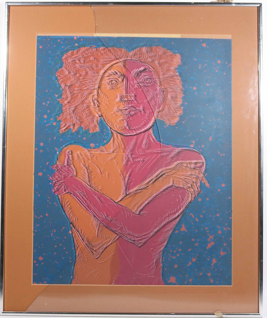 Mixed Media on Paper, Figure in Pink and Orange: signed l.c. Jan Stussy (1921-1990), circa 1977. Paper slipped from frame. Sight size: 23-1/4"h x 18-1/4"w