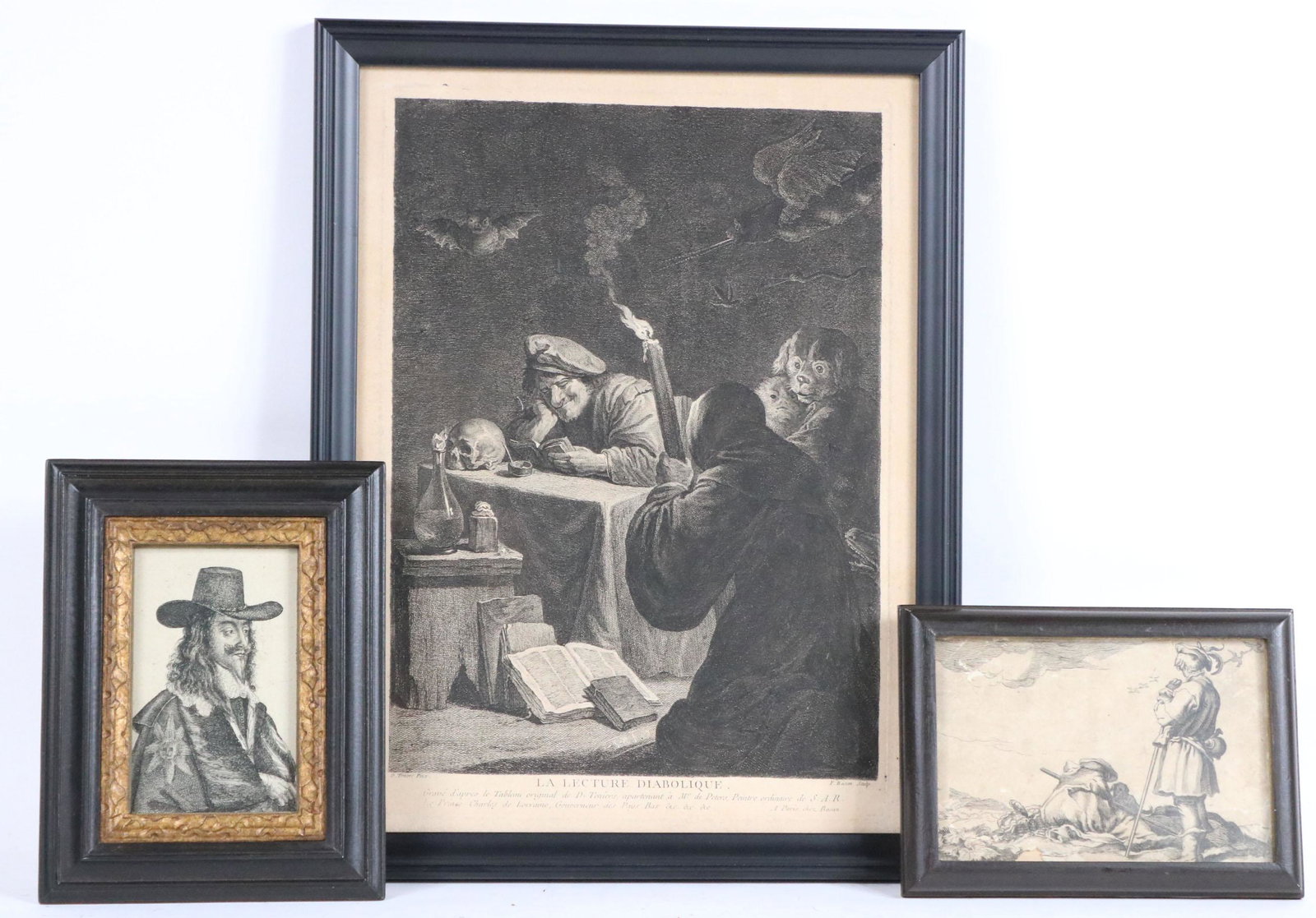 Etching, Portrait of Charles I: Possibly Anthony Van Dyke (1599-1641), Dutch or English, 17th C. Sight size: 4-1/2"h x 2-3/4"w. Overall 7-1/2"h x 5-3/4"w. Together with an engraving, David Teniers, after La Lecture Diabolique, 18th 
