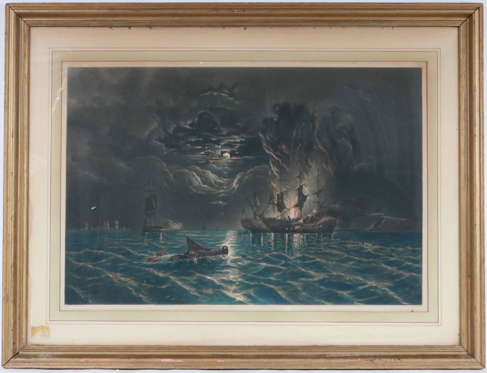 Lithograph, Painted by James Hamilton: Titled "The Action Between the Serapis and the Bon Homme Richard, September 23, 1779" engraved by R. Whitechurch, late 19th C.