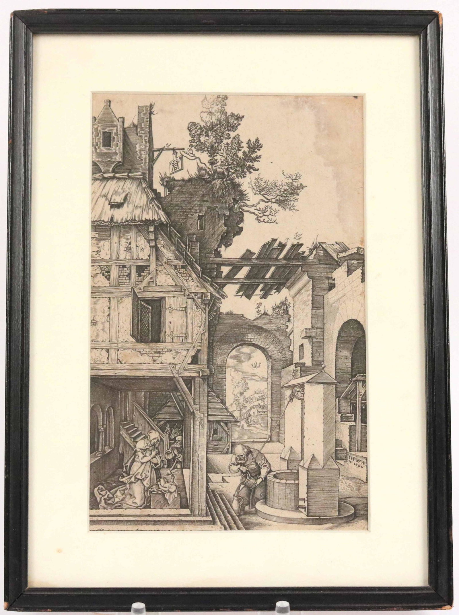 Old Master Etching, The Nativity: After Albrecht Durer (German, 1471-1528), signed AD 1504 and IHW 1566 l.r. Stains upper left. Sight size: 7"h x 4-1/4"w Overall: 9-1/2"h x 7"w Provenance. Property from a Private East Coast Collection