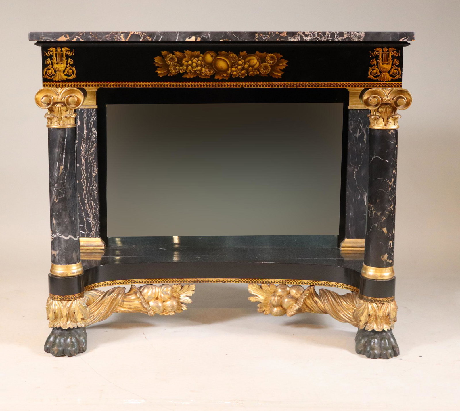 Classical Parcel-Gilt Marble-Top Mirrored Table: New York, c. 1825, possibly Meeks or one of their contemporaries. 38"h x 44"w x 19"d