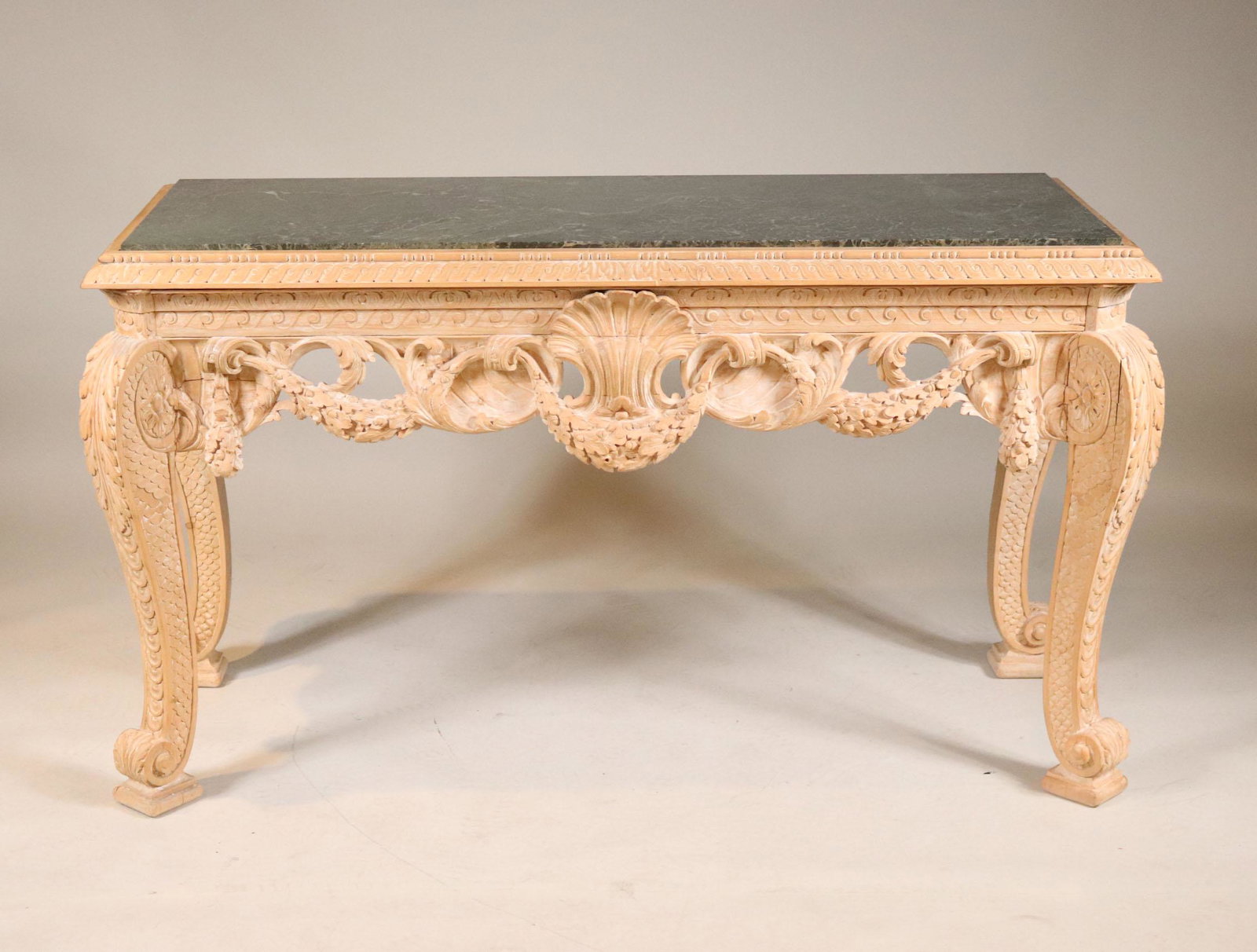 Rococo Style Beechwood Marble Top Console Table: 19th/20th C. Cracks to wood. 33-1/2"h x 5'w x 24"d