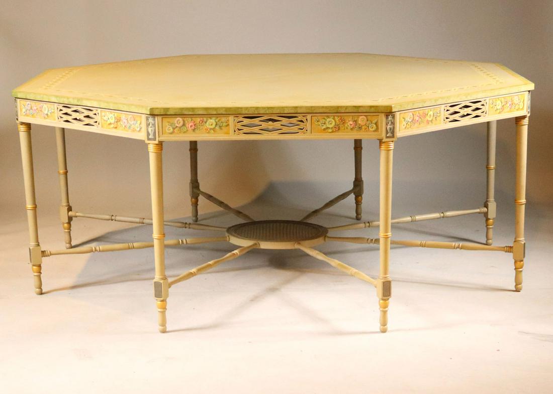 George III Style Painted Octagonal Center Table: English Taste, 20th C. caned. 29-1/2"h x 6'6"dia. Provenance: Property from the Estate of William Hodgins, Boston, Massachusetts