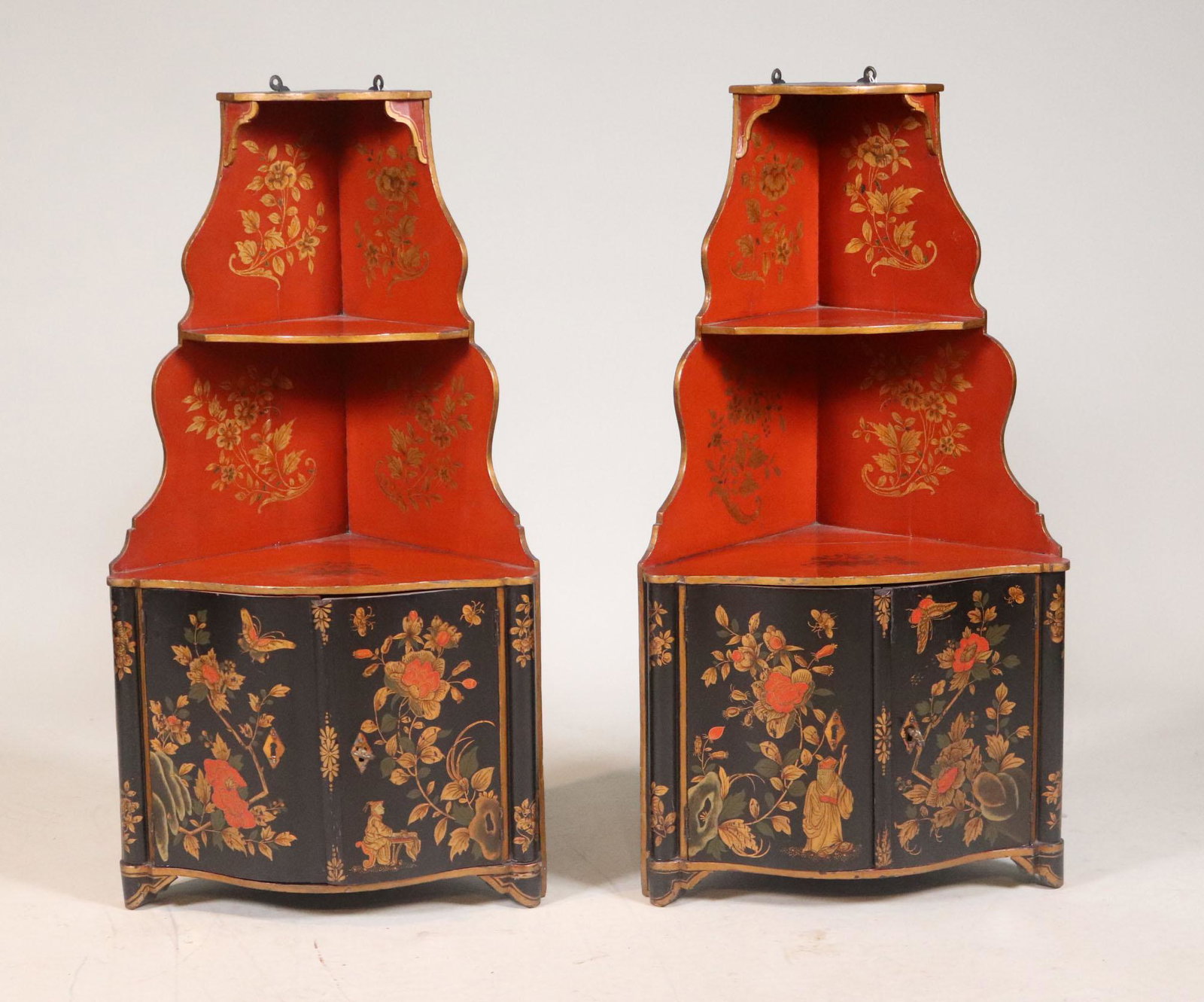 Pair of George II Jappaned Corner Cupboards: English, 18th C. pine hanging diminutive corner cupboards. 32"h x 17-1/2"w Provenance: Mallet's, London Provenance: Property from the Estate of Robert K. Johnson of Maine and South Carolina