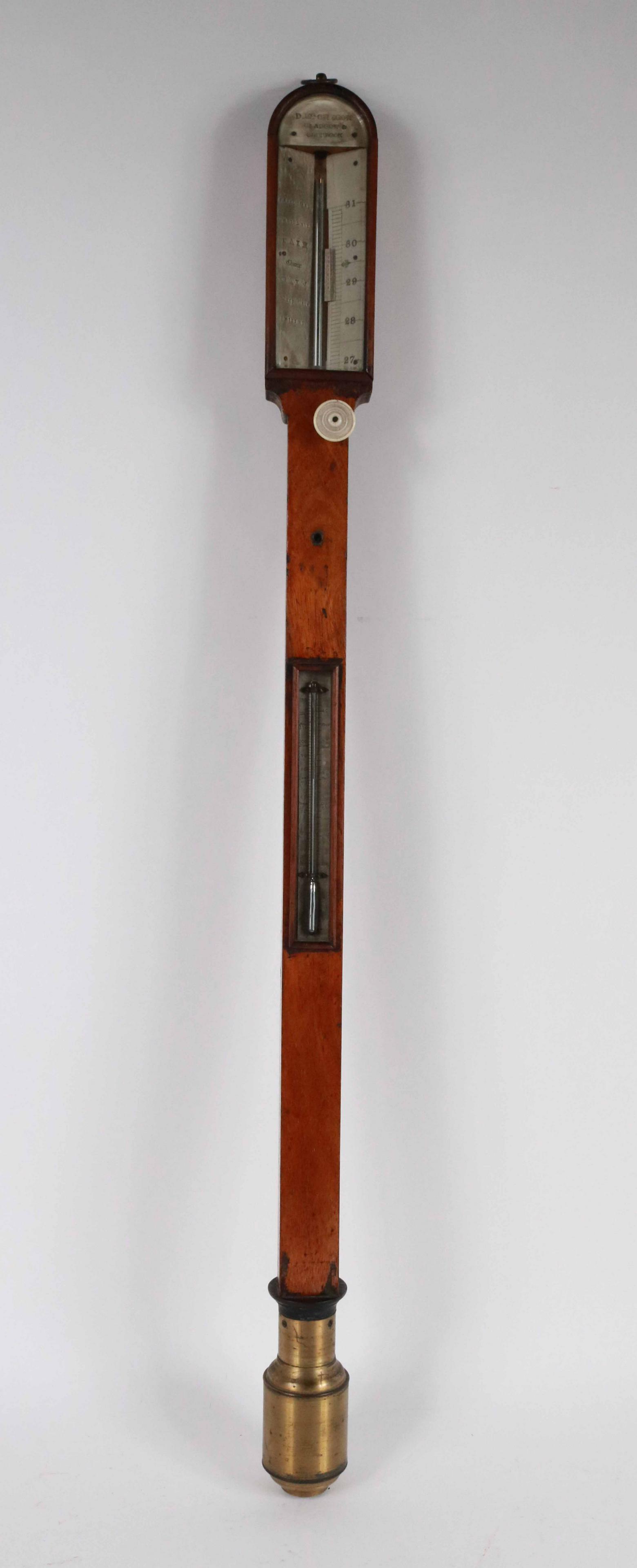 George III Mahogany Stick Barometer: Scottish, late 18th/19th C. face inscribed "D. McGregor/Glasgow & Greenock" Possibly lacking a gimbled bracket. 36-1/2"h