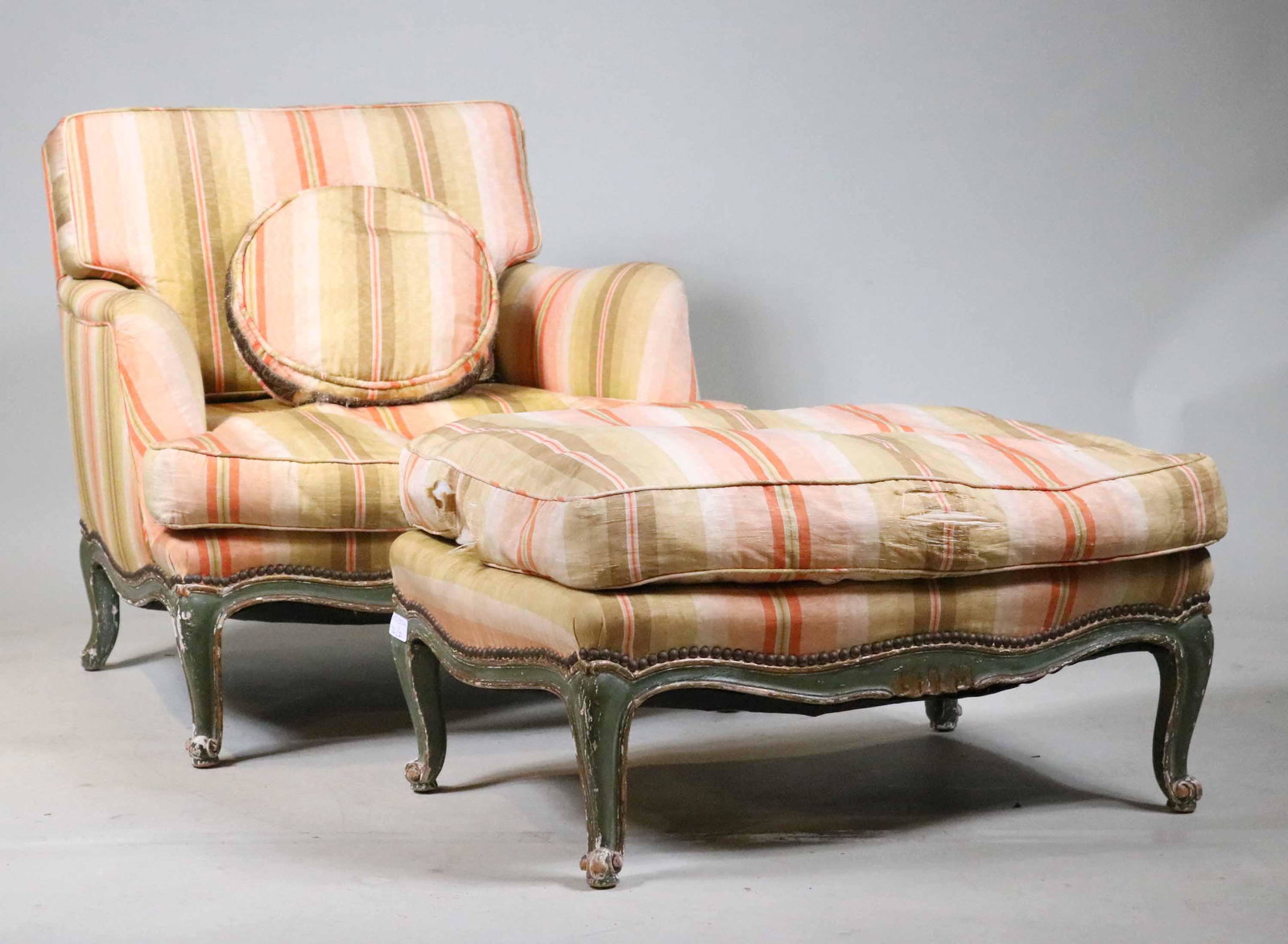 Louis XV Style Painted Duchesse Brisse: French Taste, 19th/20th C. with striped upholstery. Losses to paint, stains to upholstery. Apx. 29"h x 30"w x 51-1/2"l overall
