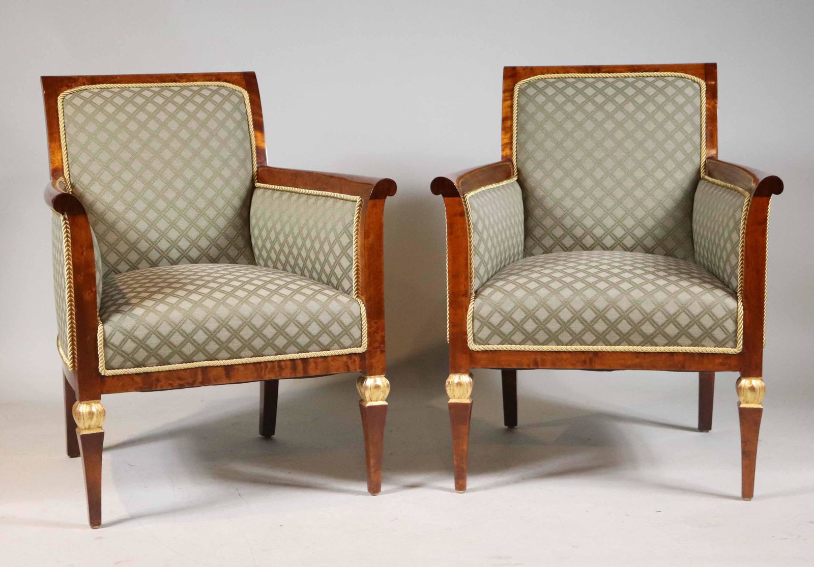 Pair of Biedermeier Gilt Burlwood Armchairs: 19th/20th C. with gold rope and green upholstery. 34-1/2"h x 27"w x 27"d