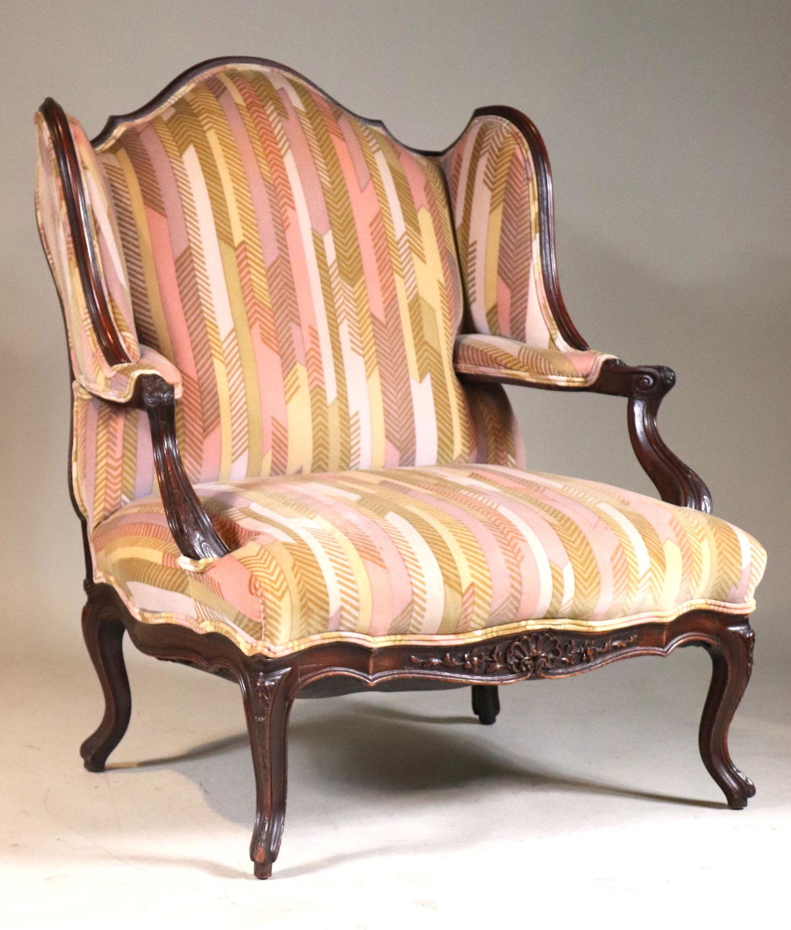 Louis XV Style Mahogany Open Armchair: Early 20th C. of impressive size. 42"h x 33"w over arms x 22-1/2"d seat