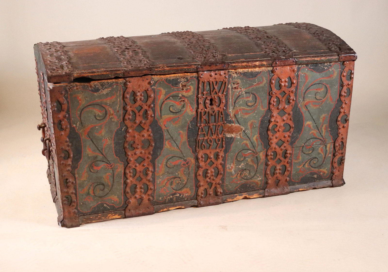 Baroque Metal-Mount Painted Dome Top Dower Chest: Norwegian, dated 1699, Initialed W & KMA, the verso inscribed with an illegibly name (Lars Jackson) and La Crosse Wisconsin., Lot comes with an accompanying letter with some family provenance. Lacks s