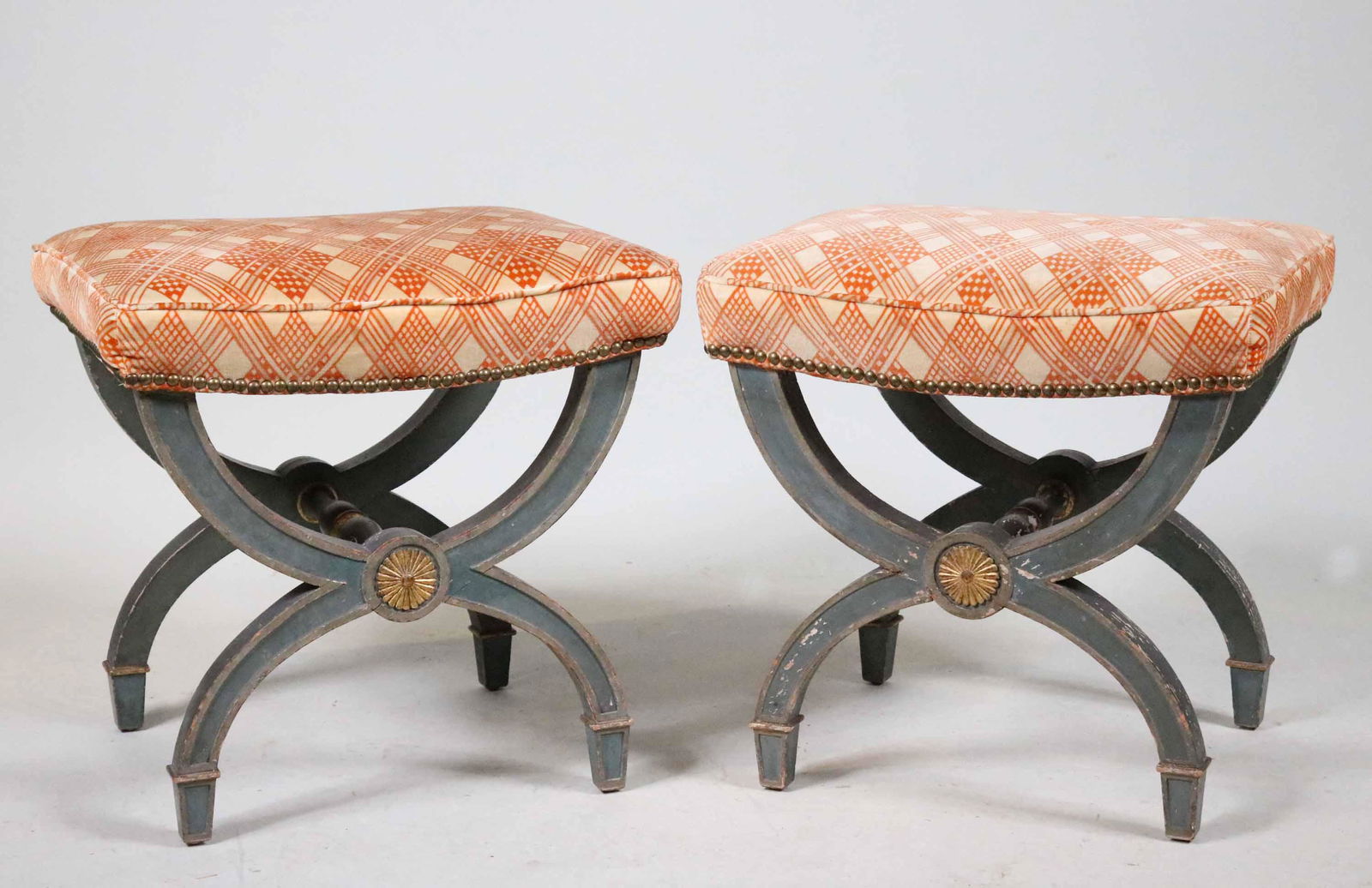 Pair of Neoclassical Painted Curule-Form Stools: Italian, 19th/20th C. Losses to paint. 19"h x 19"w x 17"d