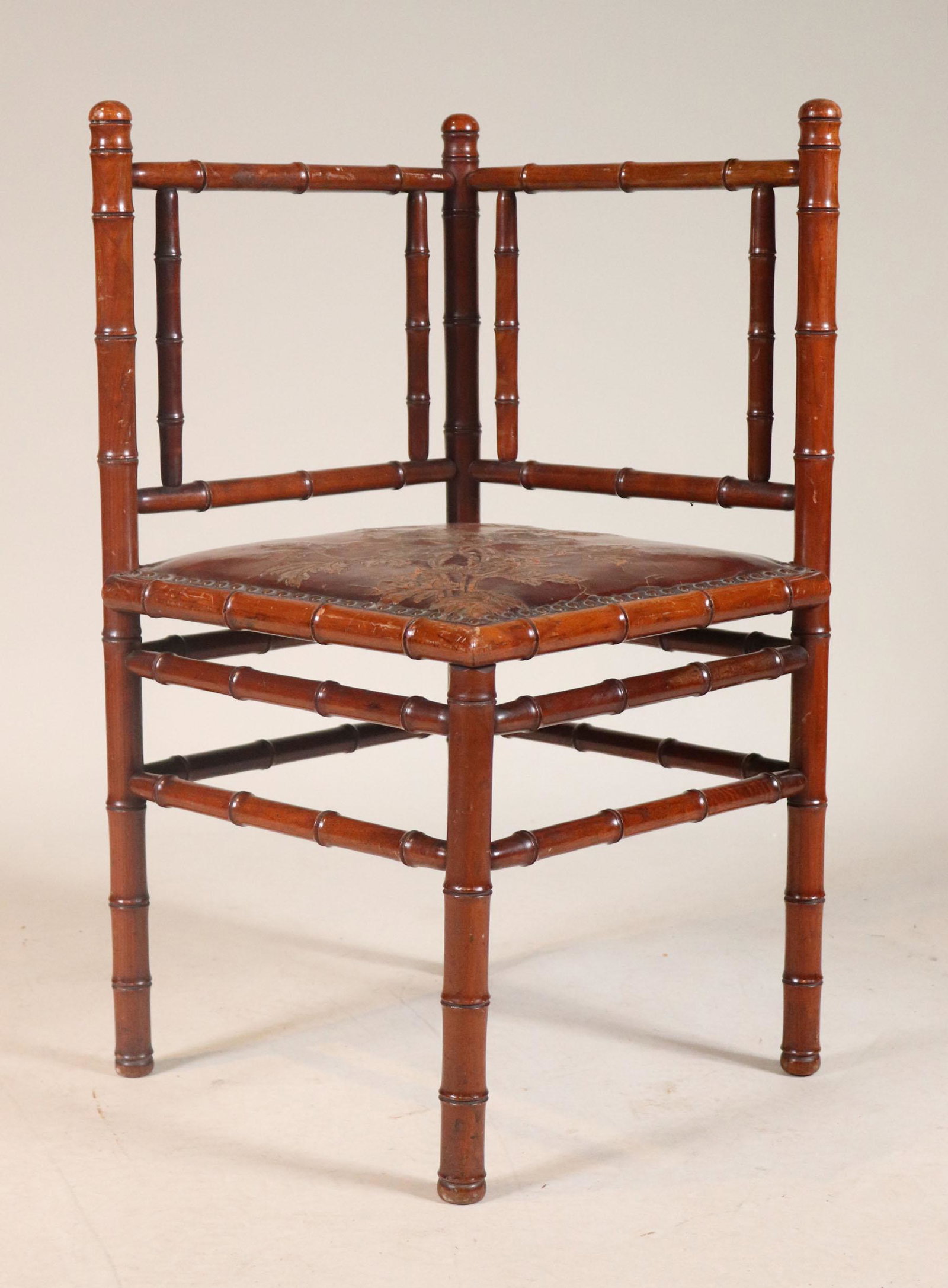 Victorian Walnut Faux Bamboo Corner Chair: English, 19th C. 33"h x 18"h seat height Provenance: Property from the Estate of William Hodgins, Boston, Massachusetts
