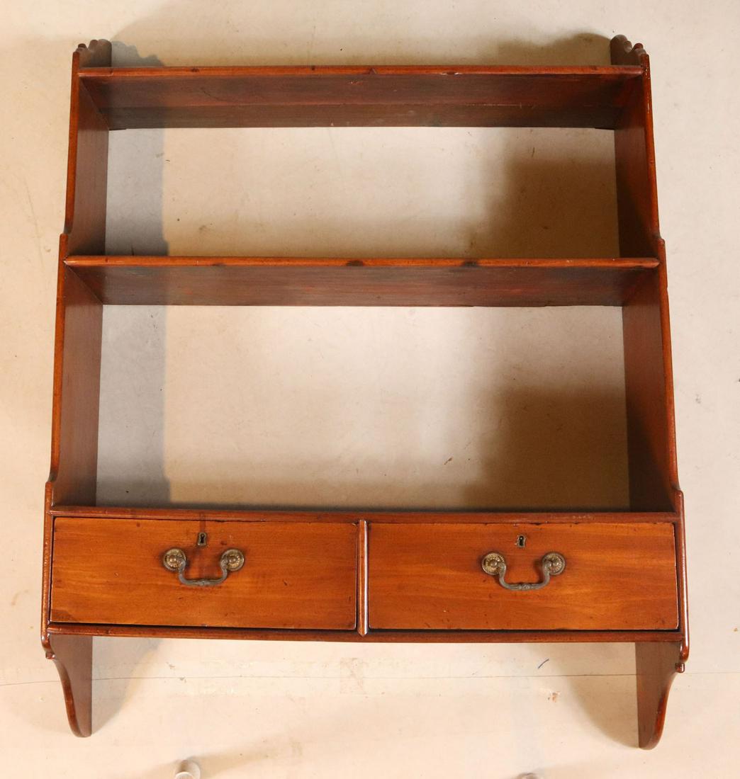 Georgian Mahogany and Pine Hanging Wall Shelf: English or American, with two drawers, 19th C. 39-1/2"h x 30"w x 9-3/4"d Provenance: Herbert Schiffer Antiques, Pennsylvania