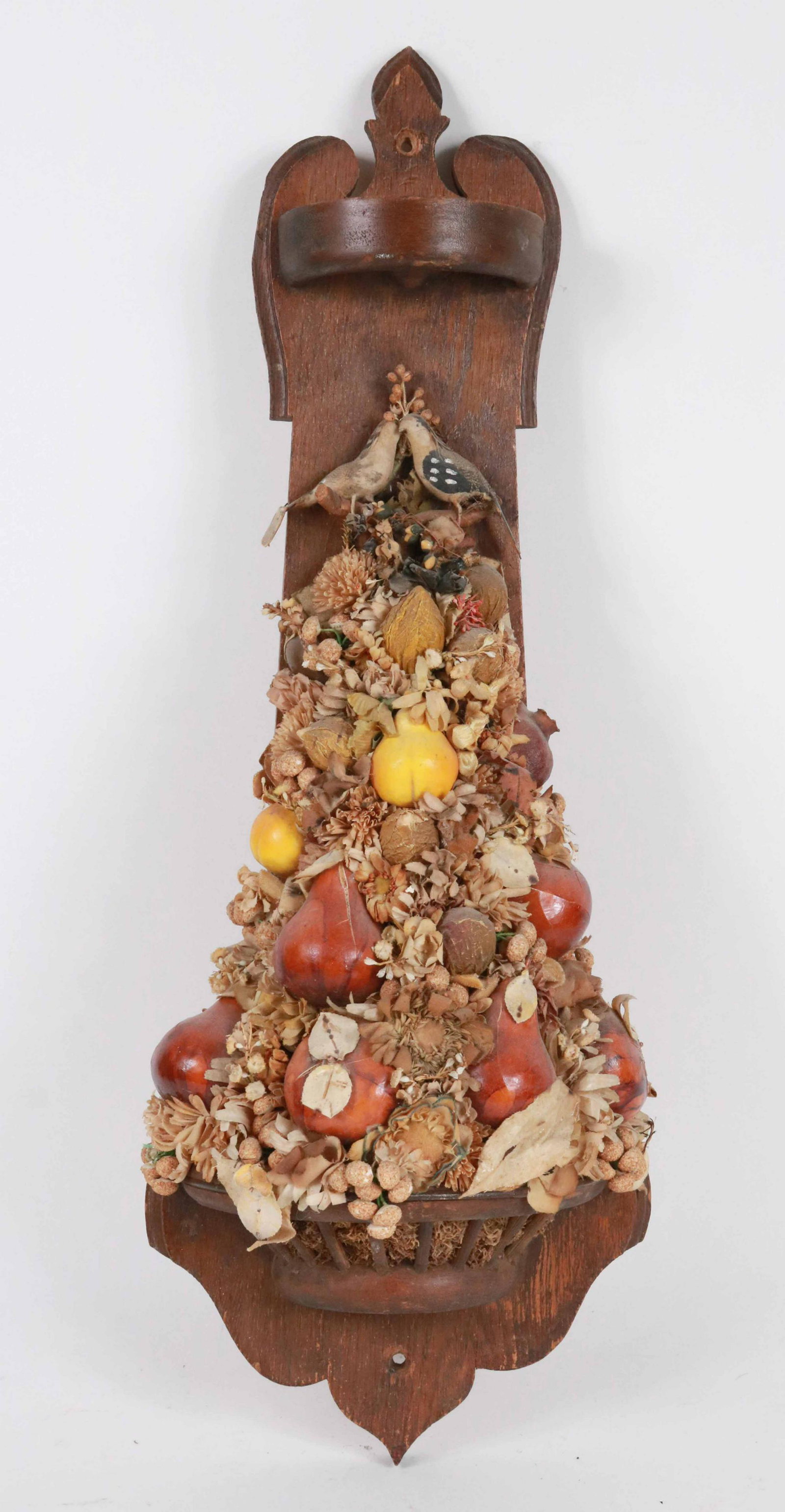 Floral & Fruit Decorated Hanging Wall Shelf: Doris Stauble, Wiscasset, Maine, 20th C. 24-1/2"h x 9"W x 5-1/2"d Provenance: Property from the Siegmund Collection of Folk Art, New York, New York Additional works from Siegmund Collection will be av
