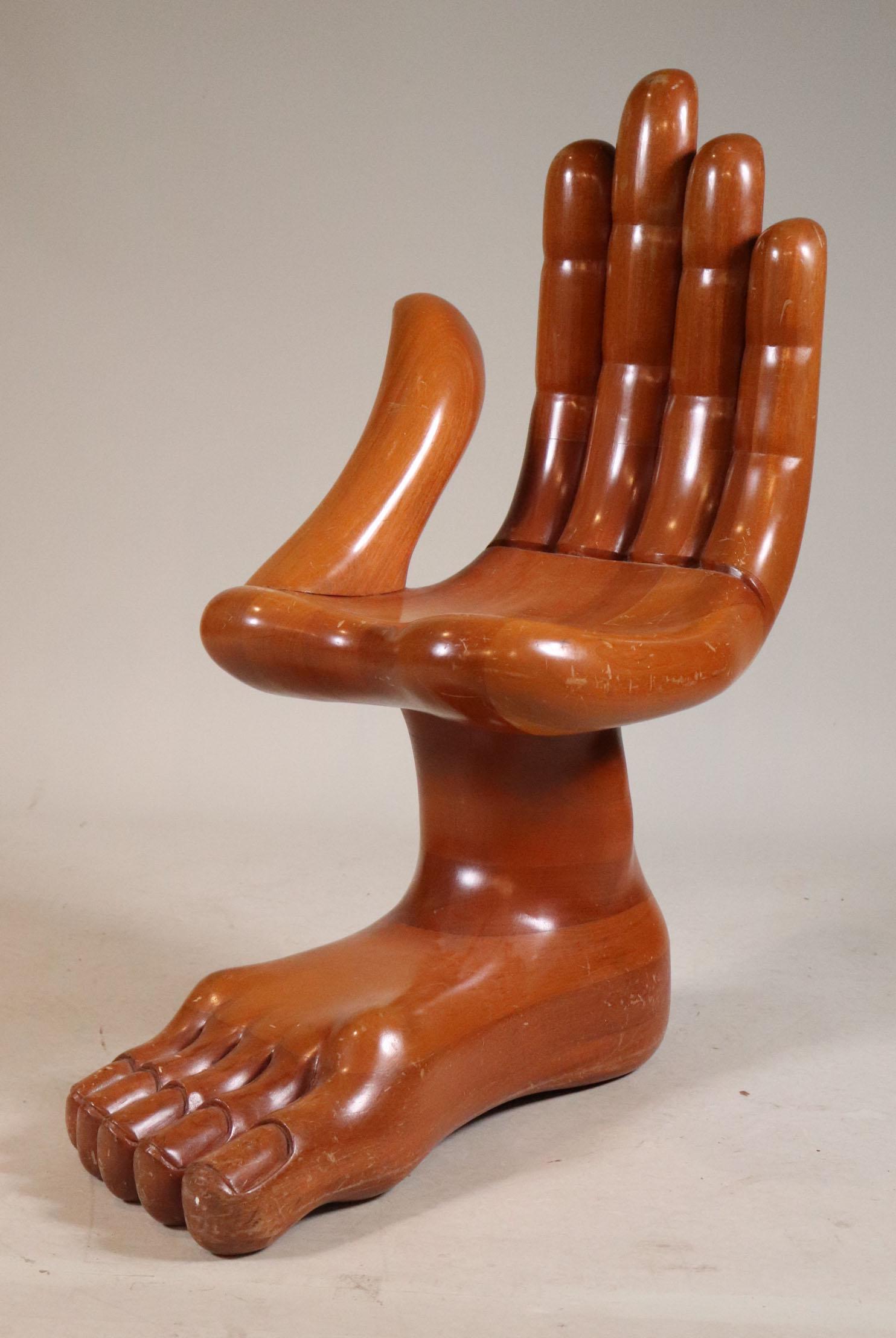 "Standing Ovation" Hand and Foot Chair: Pedro Friedeberg, Branded on underside, 20th C. 37"h x 33"w x 20"d Provenance: Harcourt Gallery, San Francisco, CA, May 1980 Provenance: Property from the Steve and Stephanie Alpert Collection