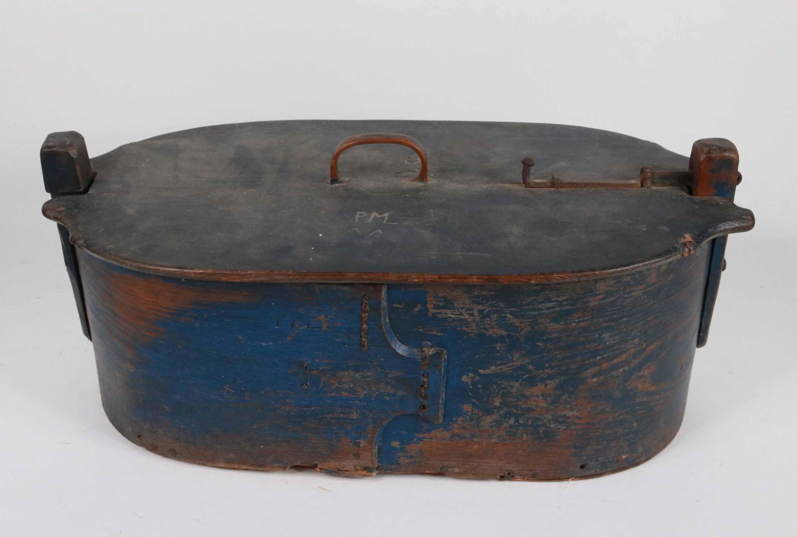 A Blue Painted Maple & Pine Lidded Band Box: A Blue Painted Maple & Pine Lidded Band Box, possibly Scandanavian. Initialed PML (Priscilla Mather Lauerey) New England, 19th C. The underside of lid fitted with a label describing ownership. . 10"h