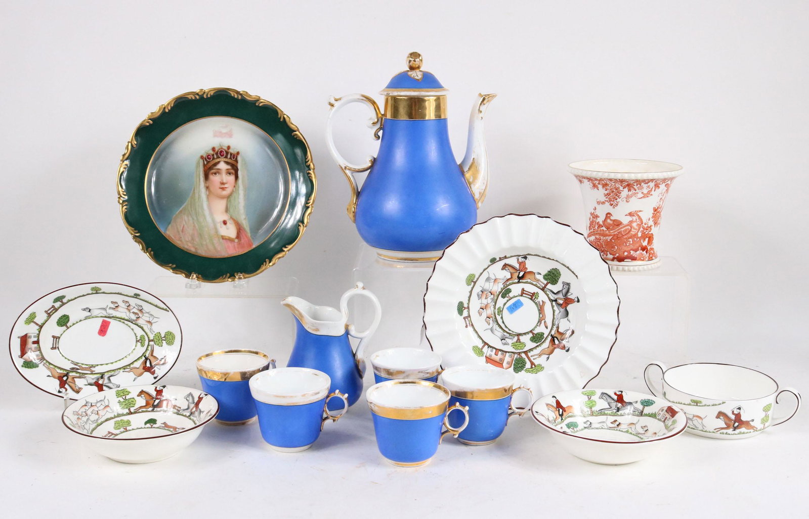 Group of Assorted Porcelain Table Articles: Comprising, a Royal Crown Derby orange bird decorated cache pot, a portrait plate, Coalport "Hunting Scene" bowls, handled bowl, oval dish, and scalloped edge dish, and a C.T. Altwasser tea service, c