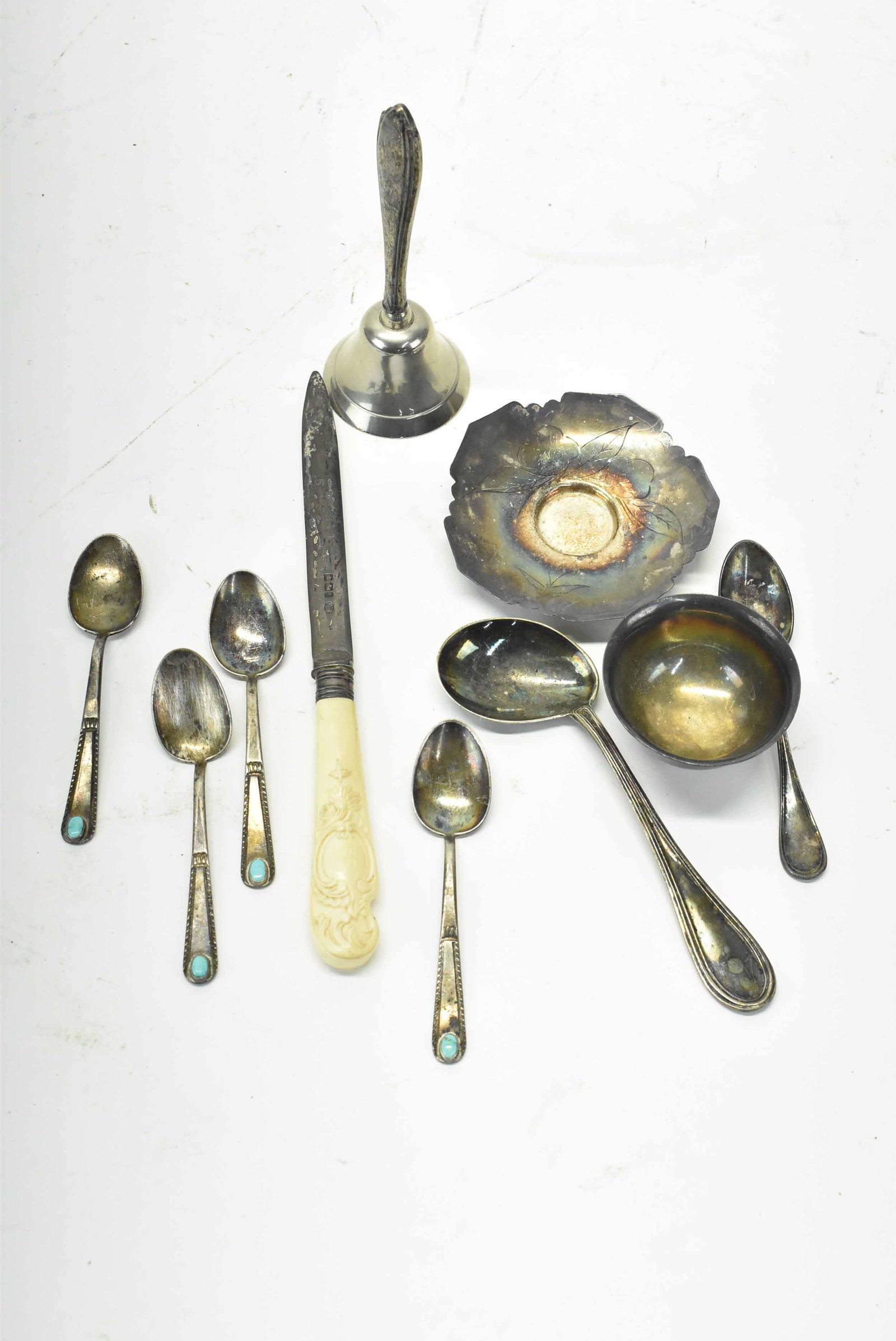 John Round Sterling & Bone Handled Letter Opener: John Round Sheffield Sterling & Bone Handled Letter Opener with carved handle and 'B' monogram, together with an 800 German silver medicine spoon, four silver plate demitasse spoons with turquoise sto